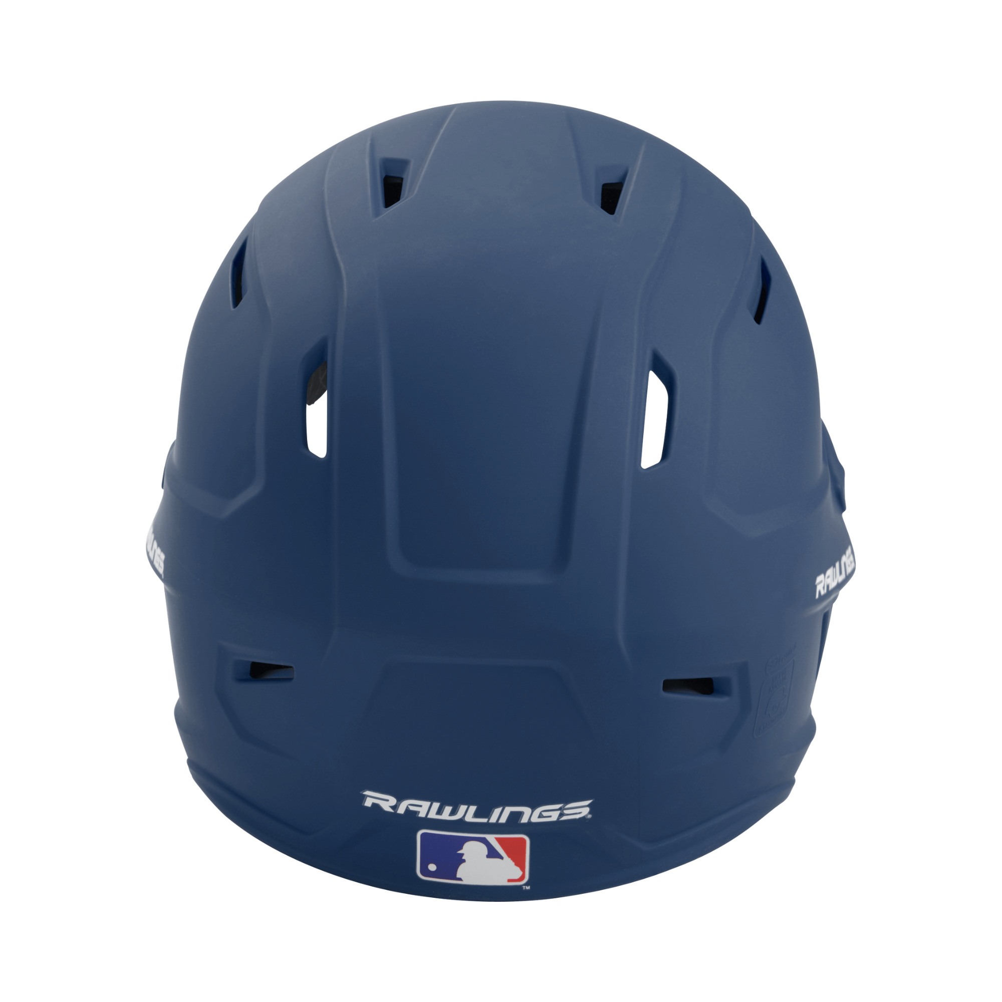 Rawlings Mach Batting Helmet Senior in navy blue, showing back view with ventilation ports and MLB logo.