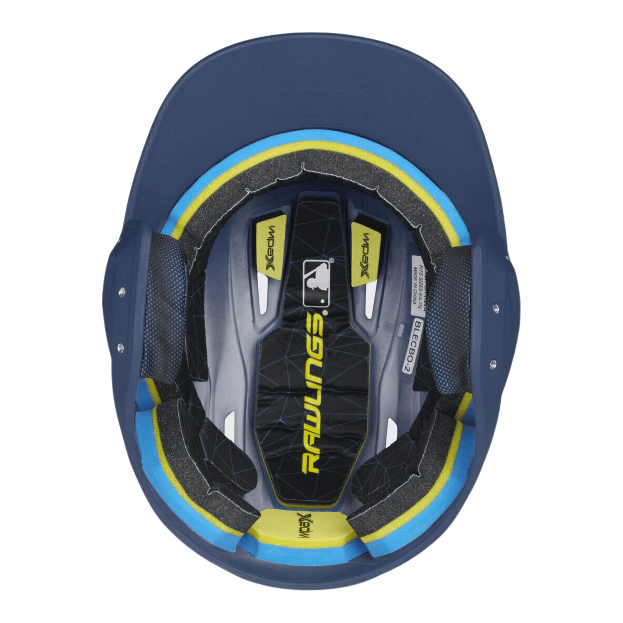 Rawlings MACH junior batting helmet interior view showcasing IMPAX foam technology and optimized ventilation design.