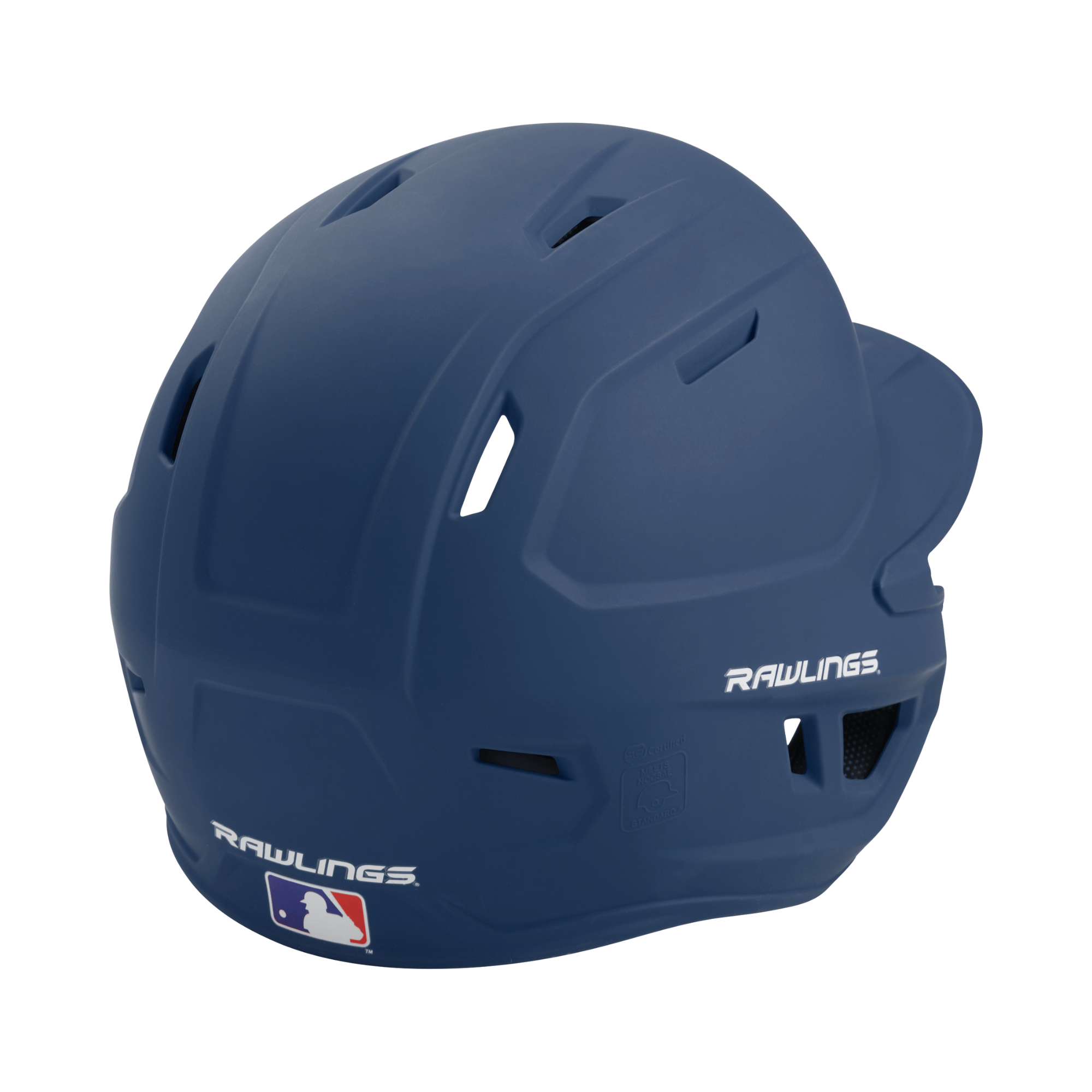 Rawlings Mach Senior Batting Helmet in navy blue with ventilation holes and MLB logo, designed for enhanced protection and performance.