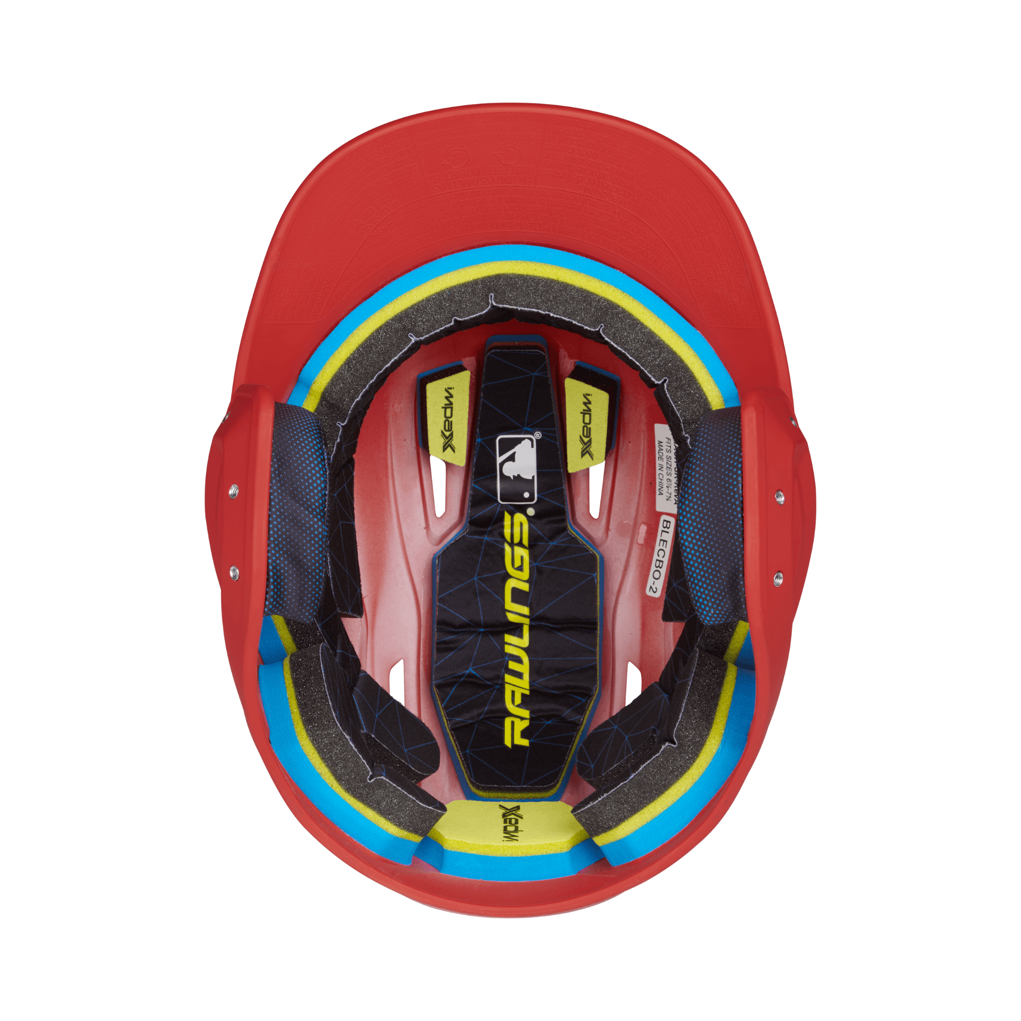 Interior view of Rawlings MACH Junior Batting Helmet showcasing IMPAX foam and vibrant padding for comfort and protection.