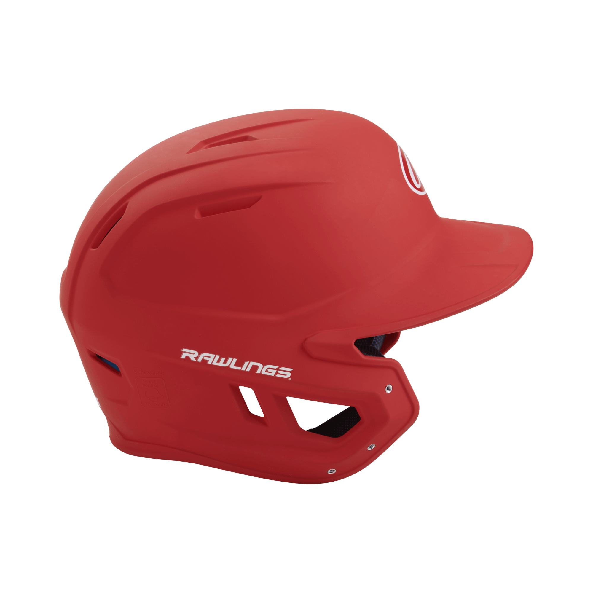 Rawlings MACH junior batting helmet in red with sleek design and optimized ventilation for young players' protection and comfort.