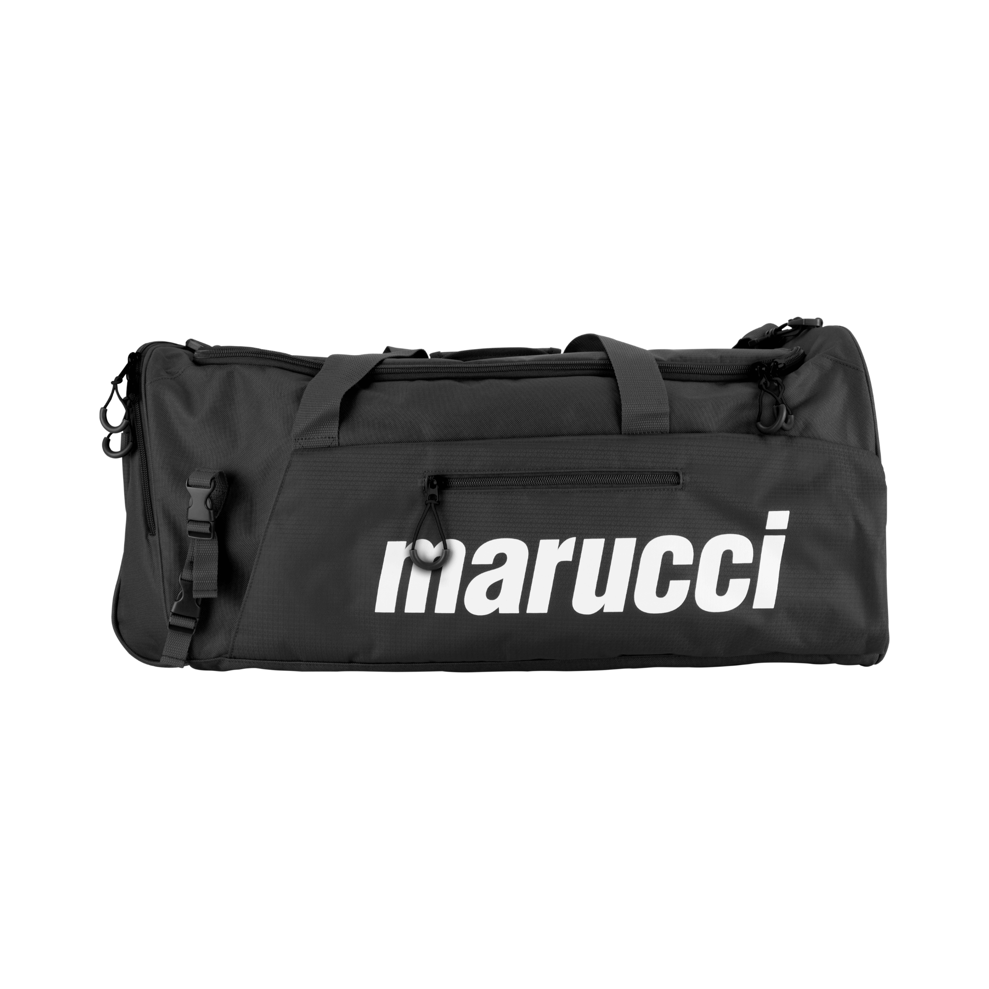 Marucci Team Utility Duffel Bag V3 in black, featuring external bat sleeves and large compartment for gear organization.