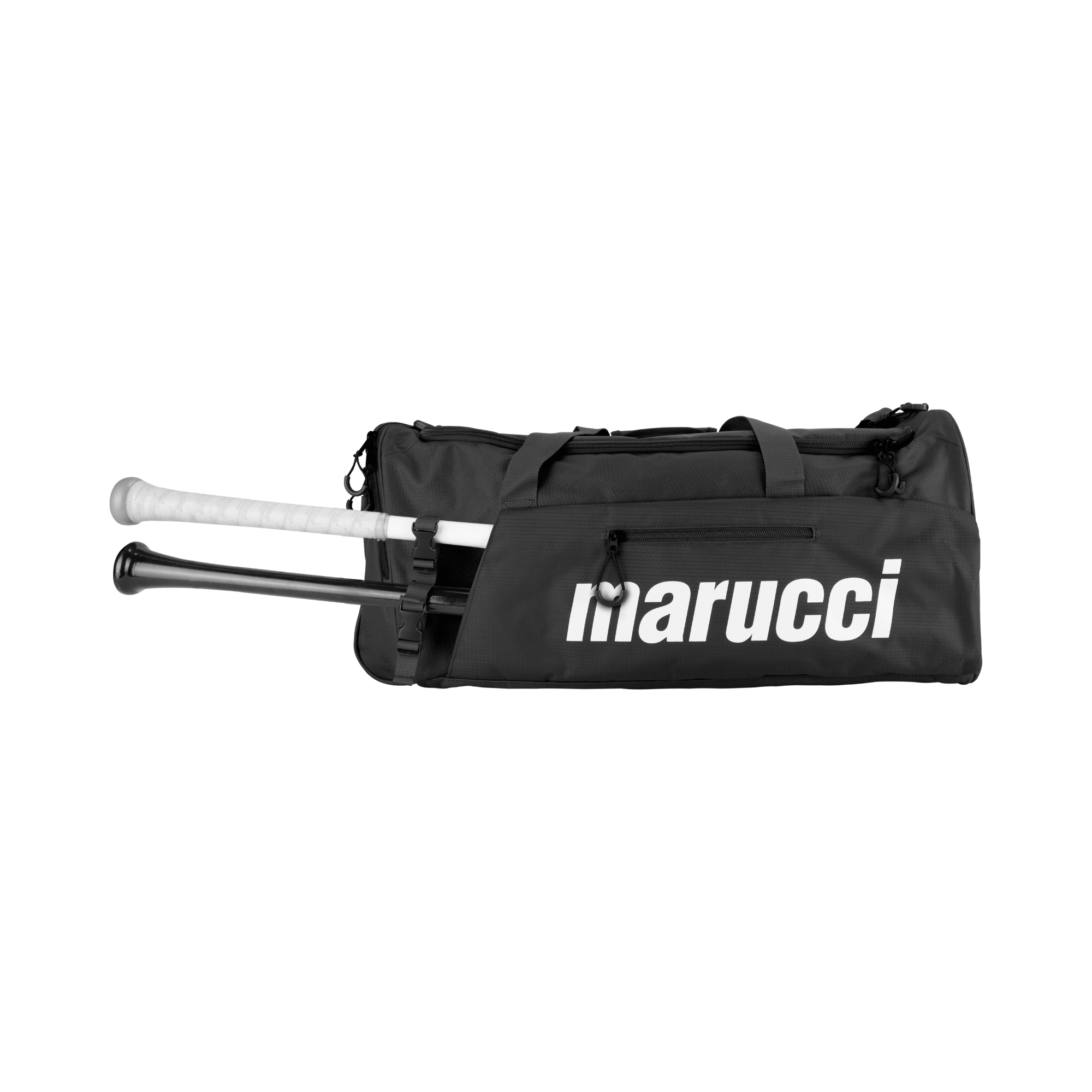 Marucci Team Utility Duffel Bag V3 featuring external bat sleeves and large storage compartment for gear.