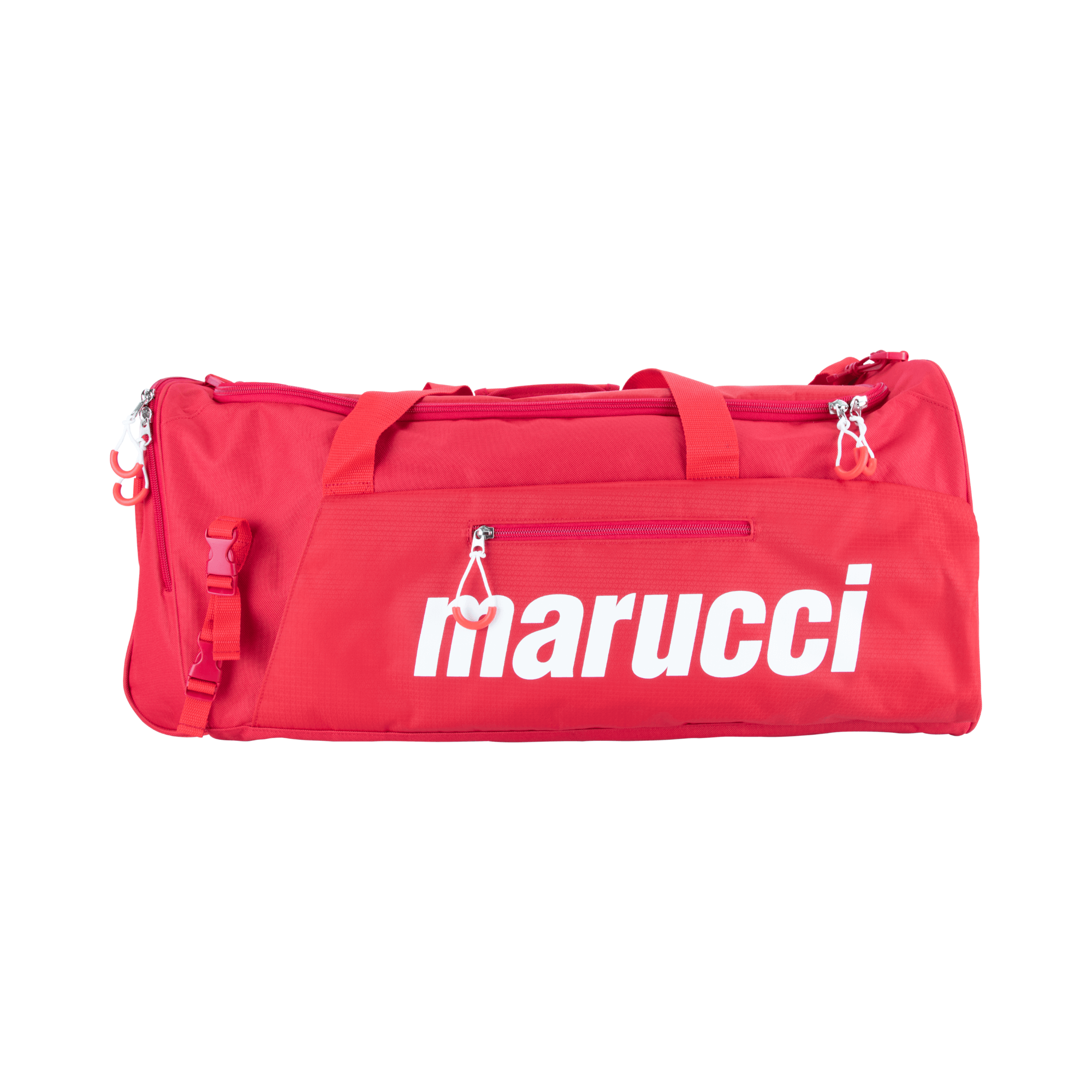 Marucci Team Utility Duffel Bag V3 in red with large compartment and external bat sleeves for organized gear.