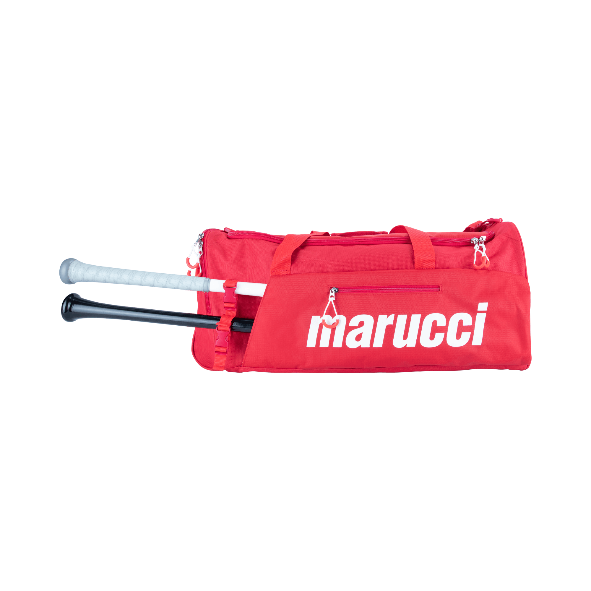 Marucci Team Utility Duffel Bag V3 in red with external bat sleeves holding two bats and zipper compartments for gear organization.