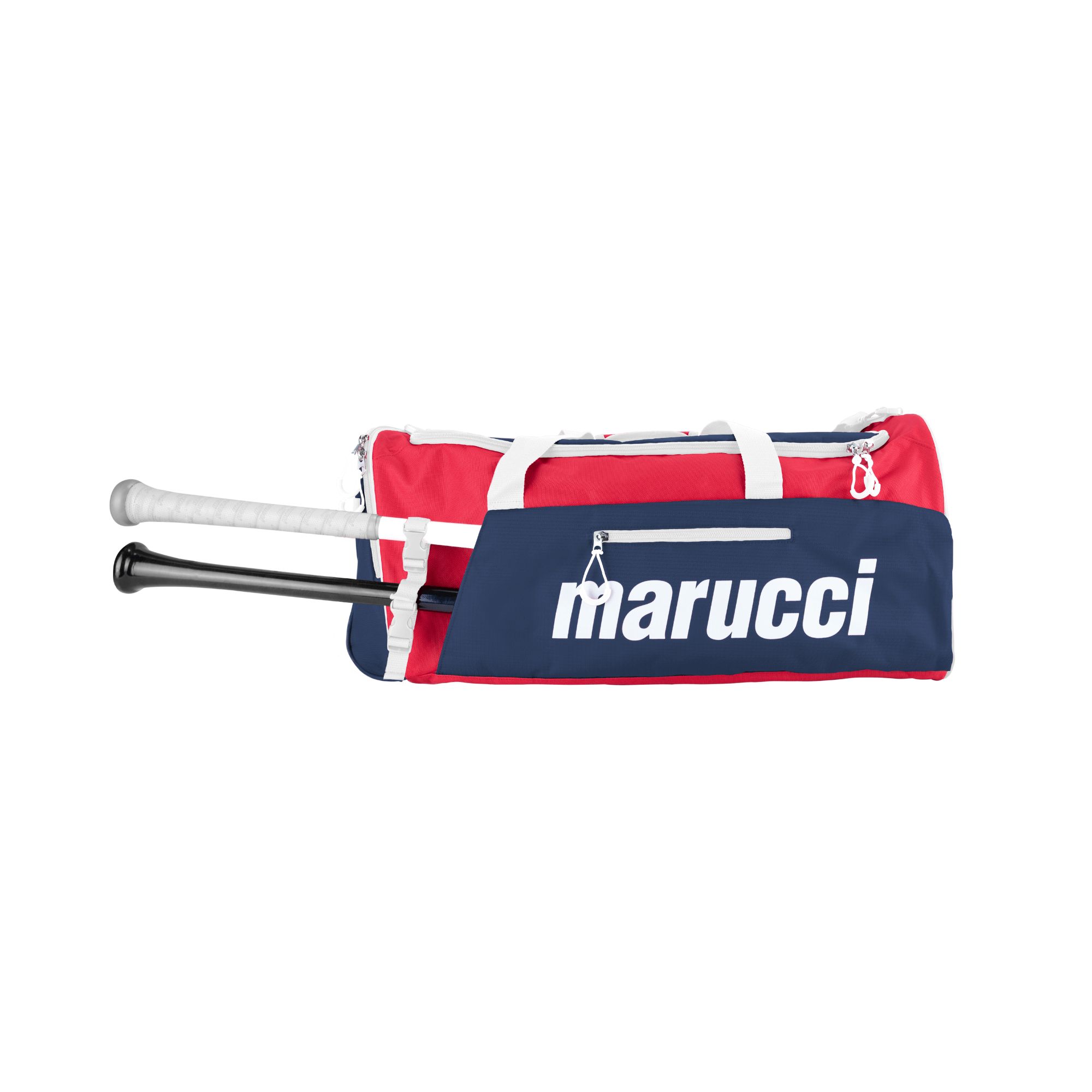 Marucci Team Utility Duffel Bag V3 featuring bat sleeves and zipper compartments for organized gear transport.