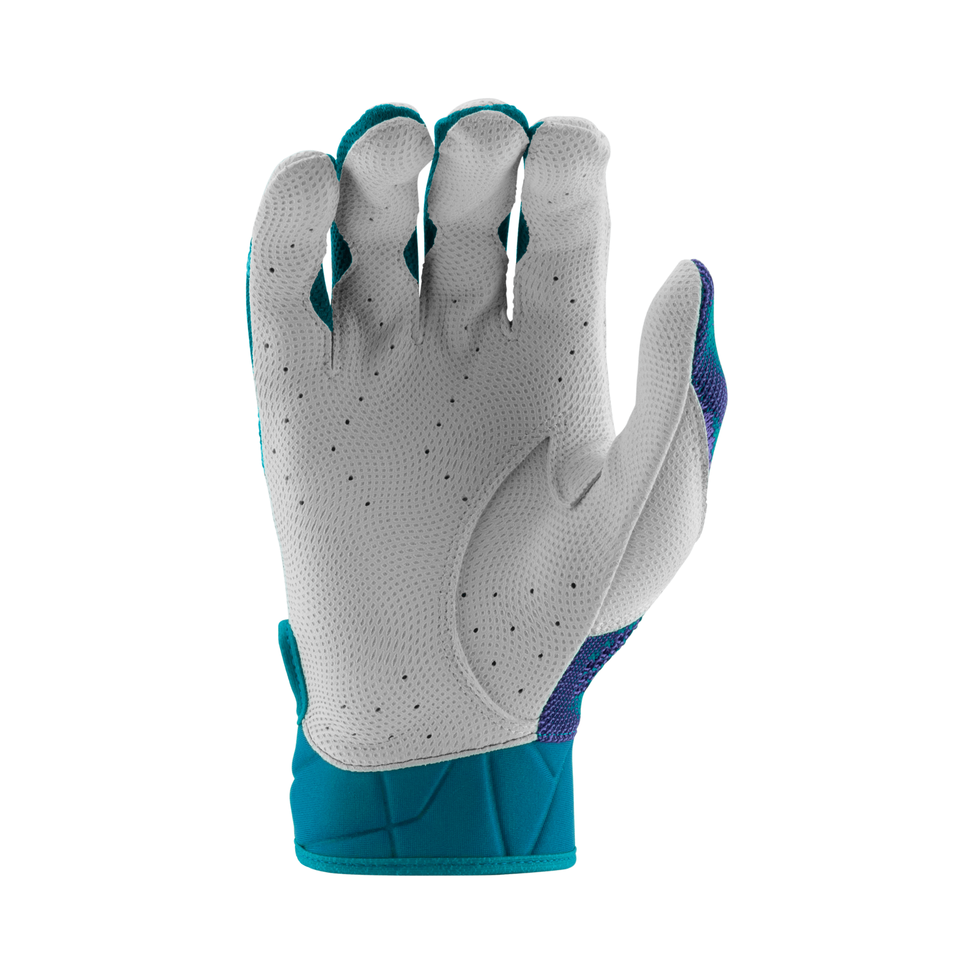 Marucci Breeze Knit V2 Batting Gloves Columbia Blue/Purple featuring a breathable design and genuine leather palm for grip.