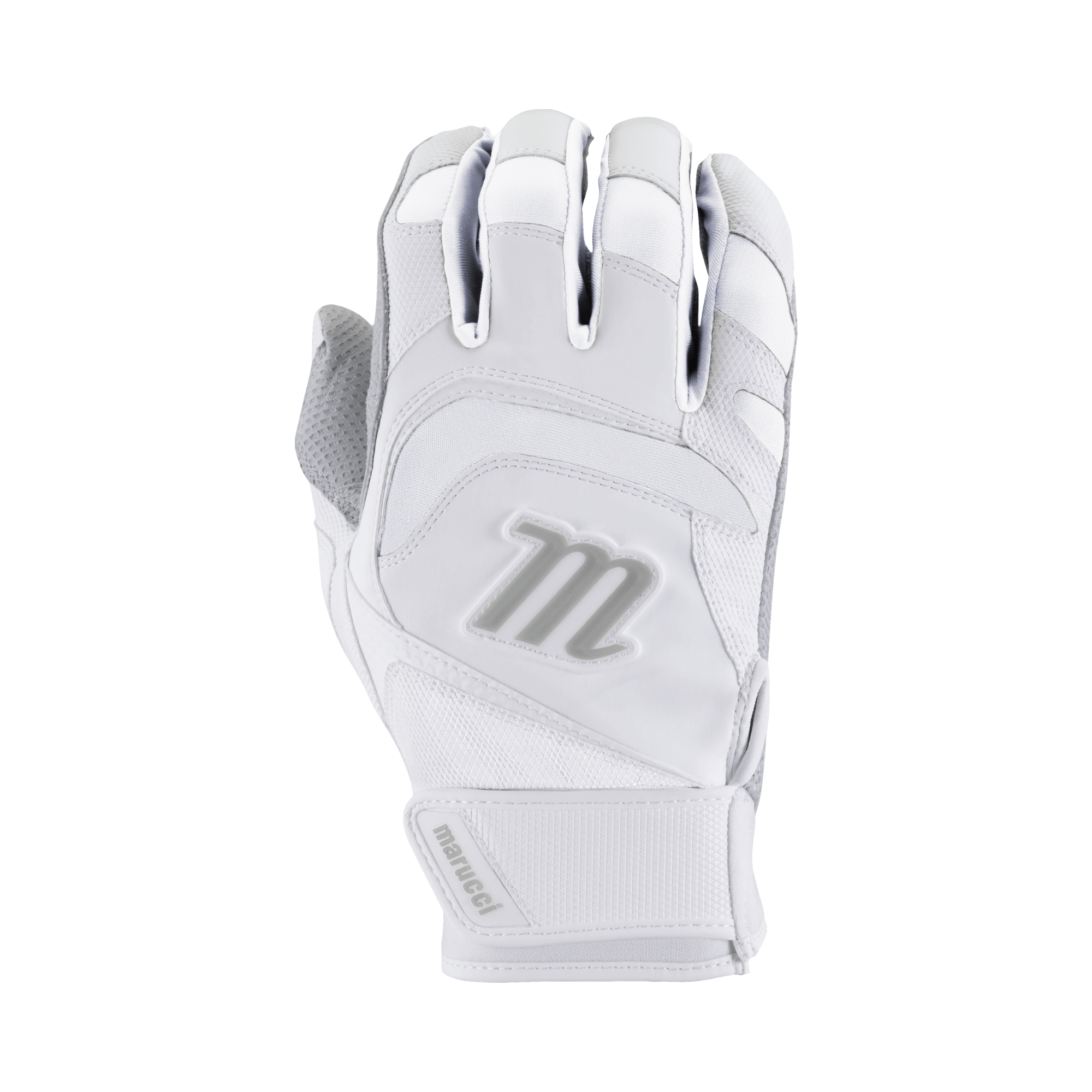 Marucci Signature Adult Batting Glove in white, featuring durable cabretta sheepskin palm and ergonomic design for grip and comfort.