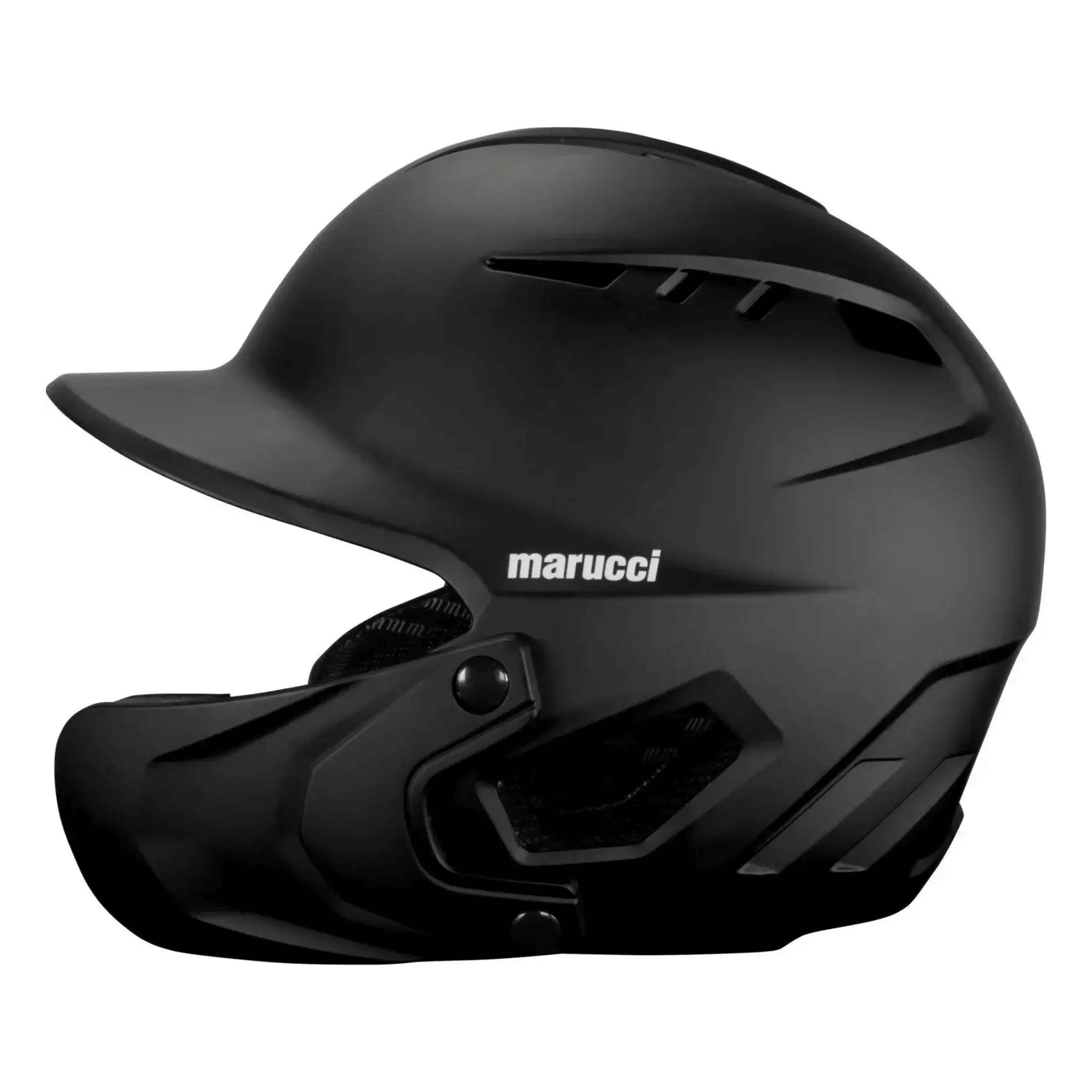 Marucci Adult Duarvent D3O BB Batting Helmet w/ Jaw Guard side view, showcasing black design and jaw protection.