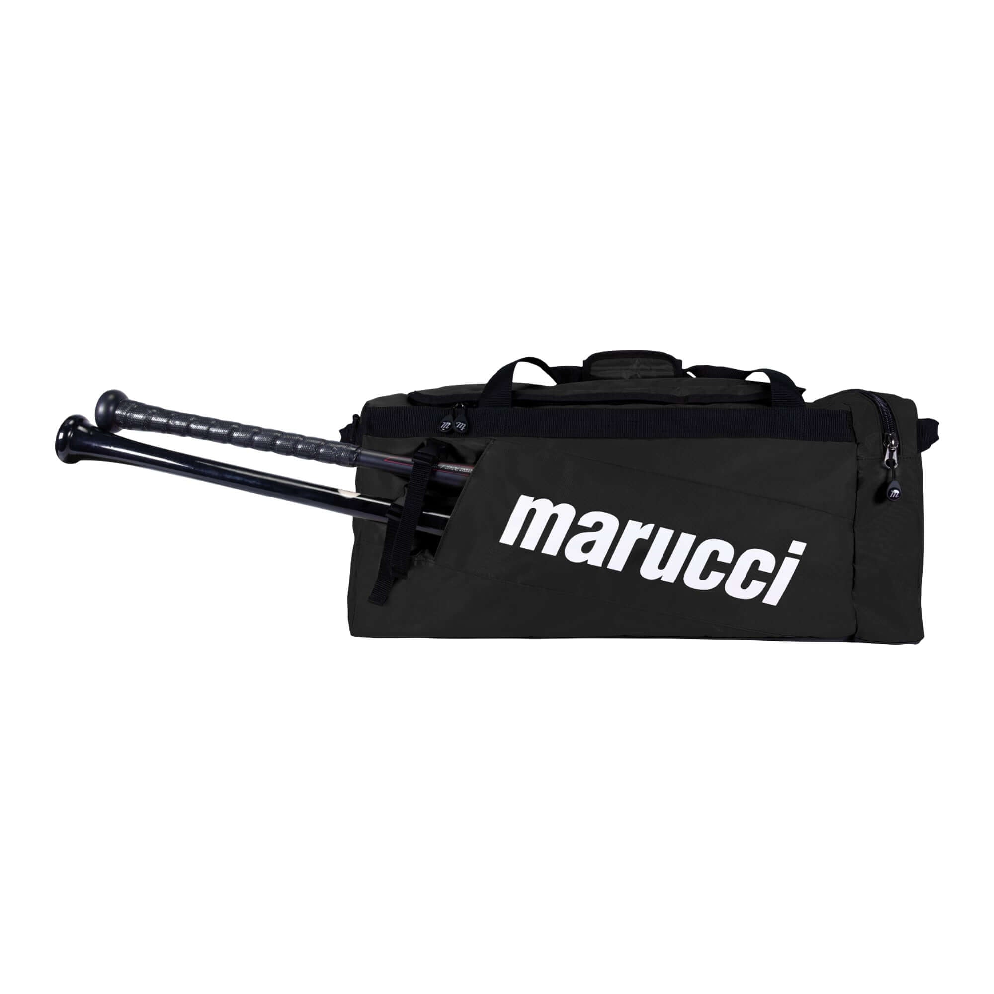 Marucci Team Utility Duffel Bag with external bat sleeves for carrying two bats, black with white logo.