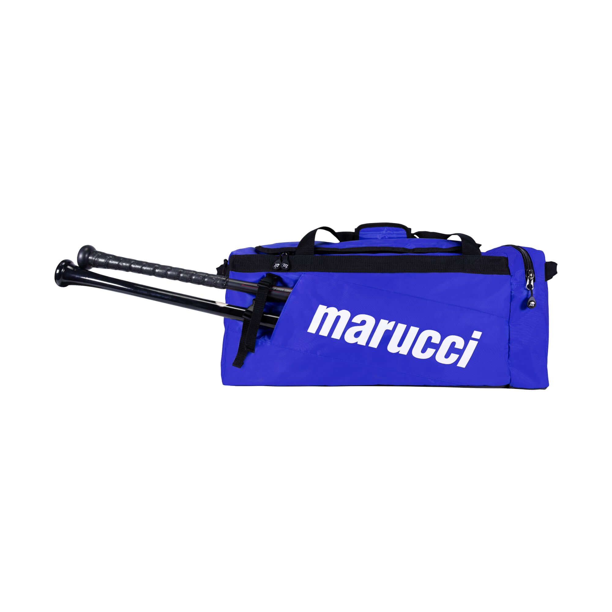 Marucci Team Utility Duffel Bag in blue with external bat sleeves for two bats, designed for organizing sports gear.