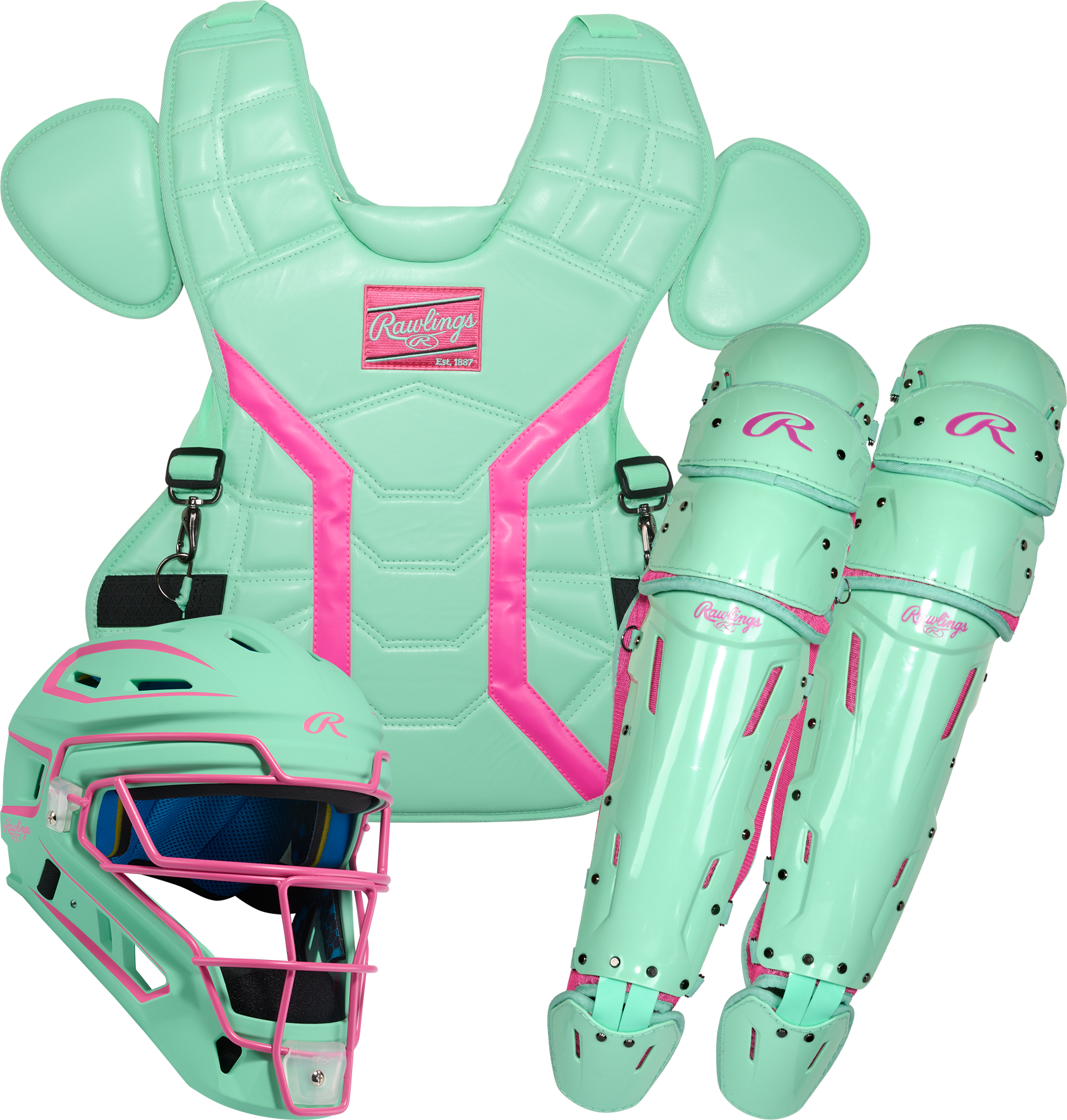 Rawlings Mach Pro Series Catchers Set - Mint/Pink full set overview