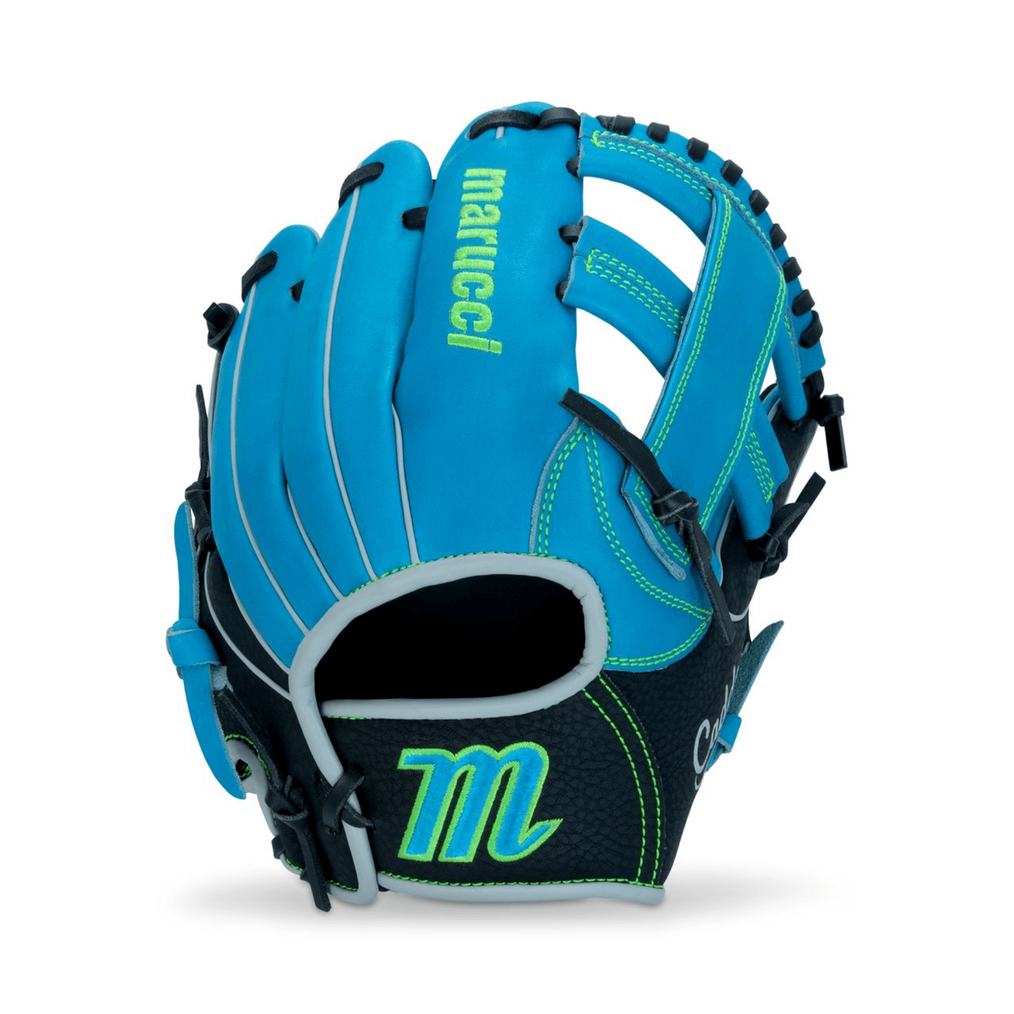 Back of Marucci Caddo Series V3 Baseball Glove 11” Basket Single Post LHT highlighting adjustable thumb and pinky loops