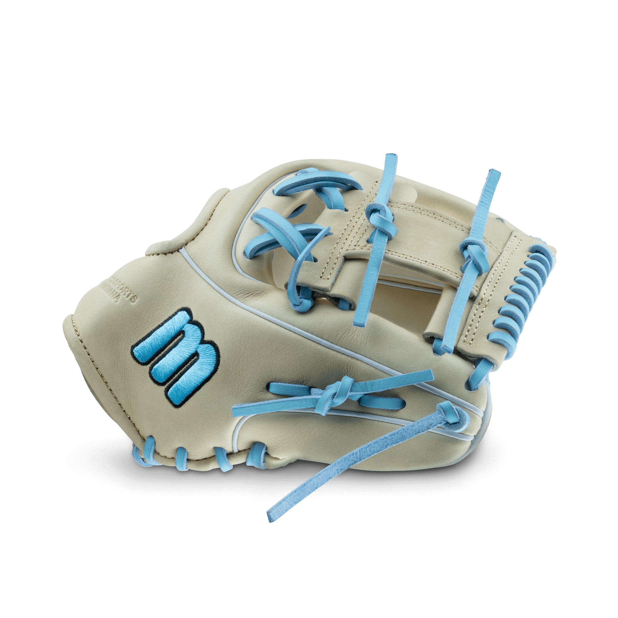 Marucci Nightshift Funhouse 11.5” glove in cream and blue, featuring premium leather and cushioned thumb for enhanced comfort.