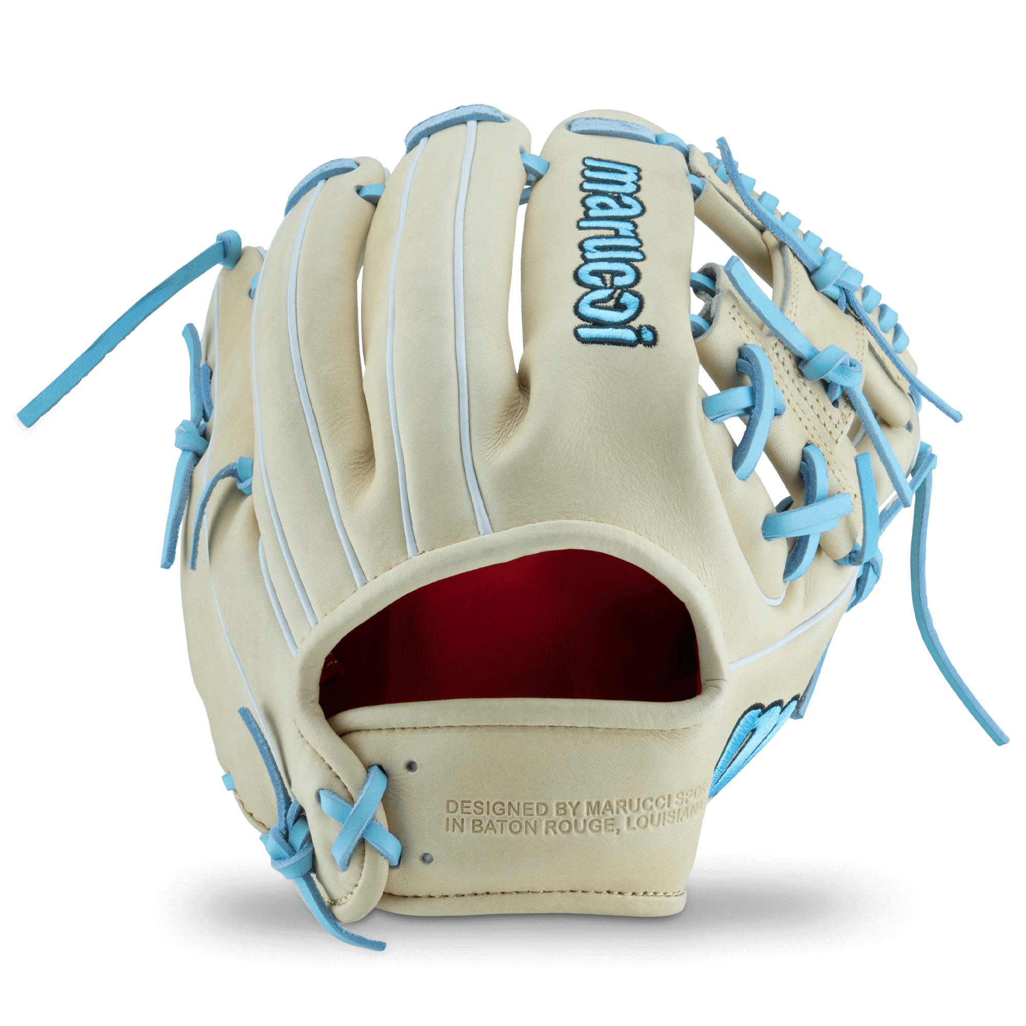 Marucci Nightshift Funhouse 11.5” glove showcasing premium leather, blue accents, and innovative thumb support for comfort.