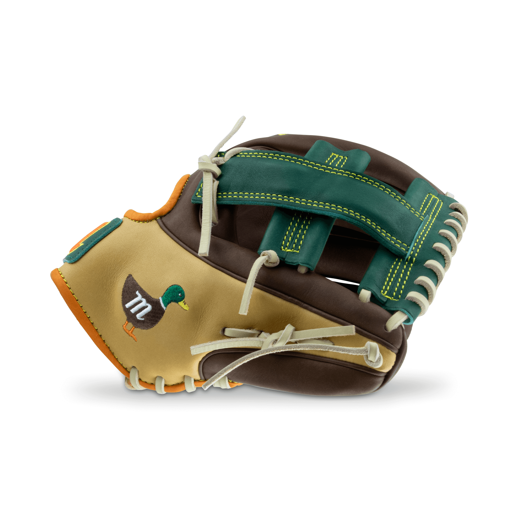 Marucci Nightshift Mallard II 11.5" baseball glove featuring premium leather and a unique duck logo design.