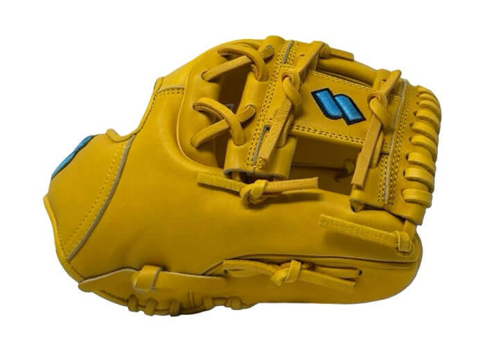 Left Side with Thumb Detail of Sacco Ultra Premium Steer Hide I-Web Glove 11.5 Inch - Medallion and Sacco Blue