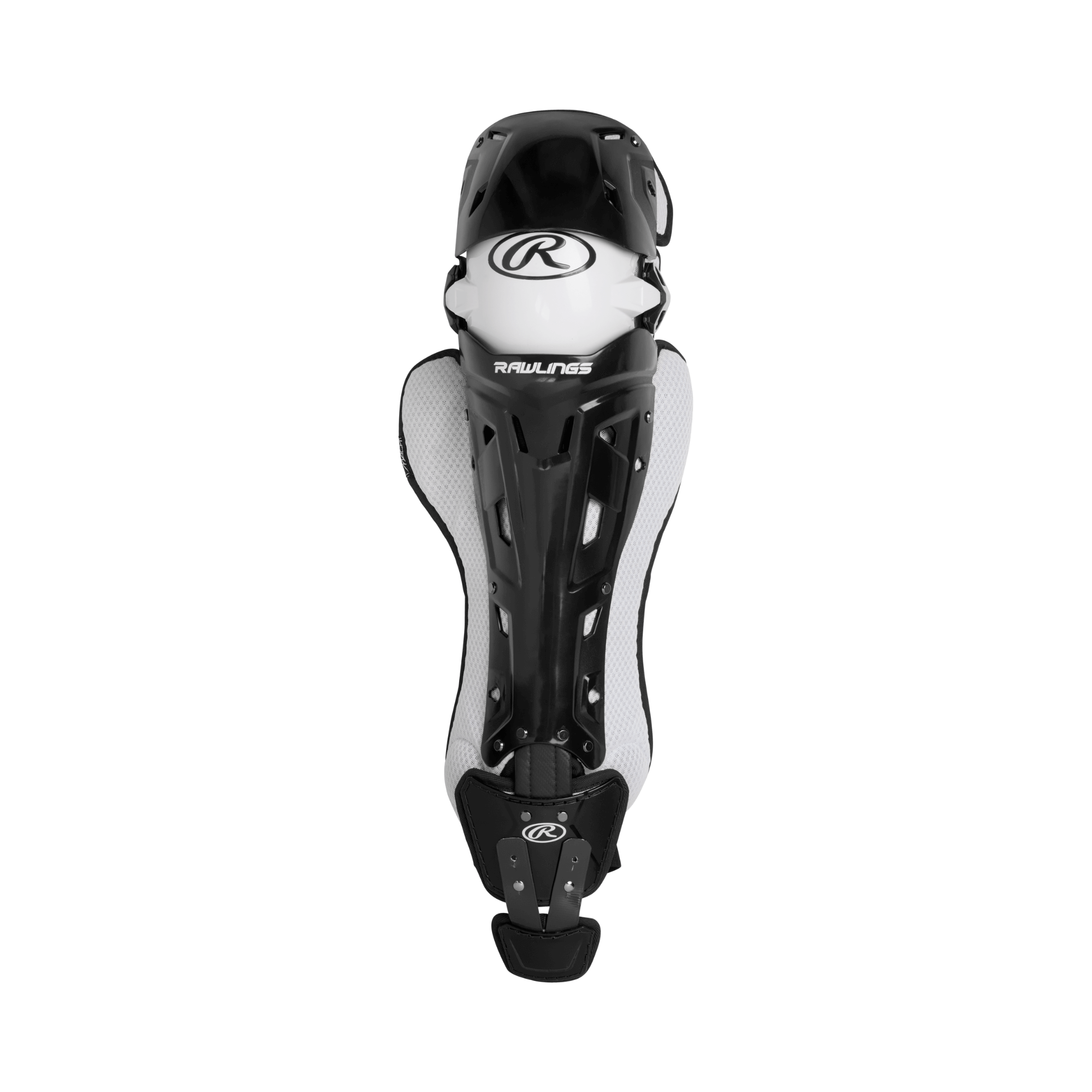 Rawlings Mach adult catcher's leg guard in black and white for optimal protection and comfort during games.