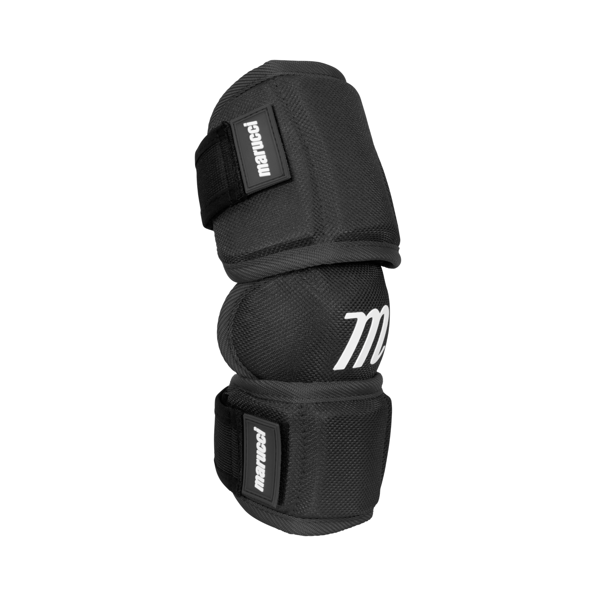 Marucci Full Coverage Elbow Guard in black, featuring movable design for maximum protection and flexibility on the field.
