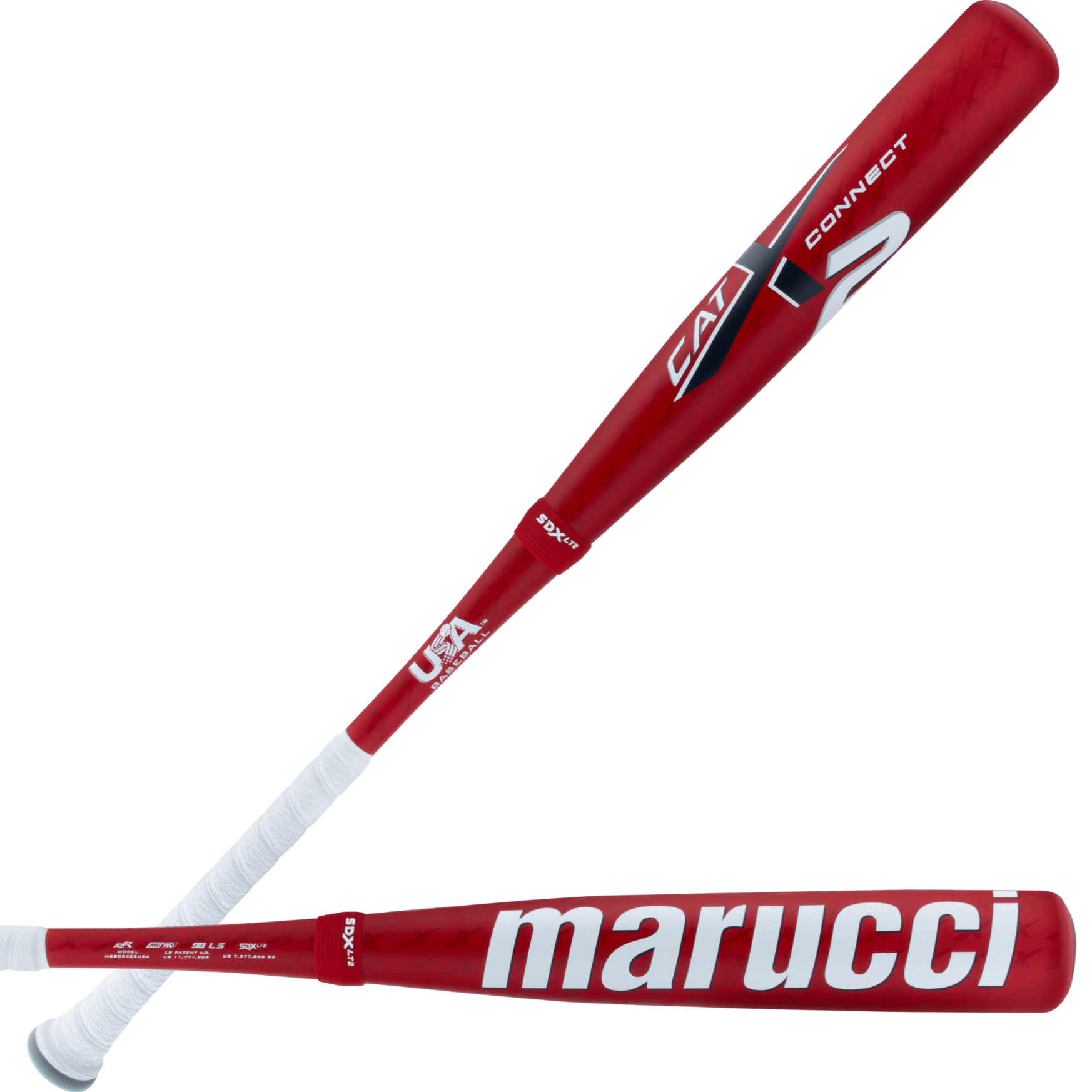 Marucci CATX2 Connect USA (-5) baseball bat showcasing patented anti-vibration technology and sleek red design.