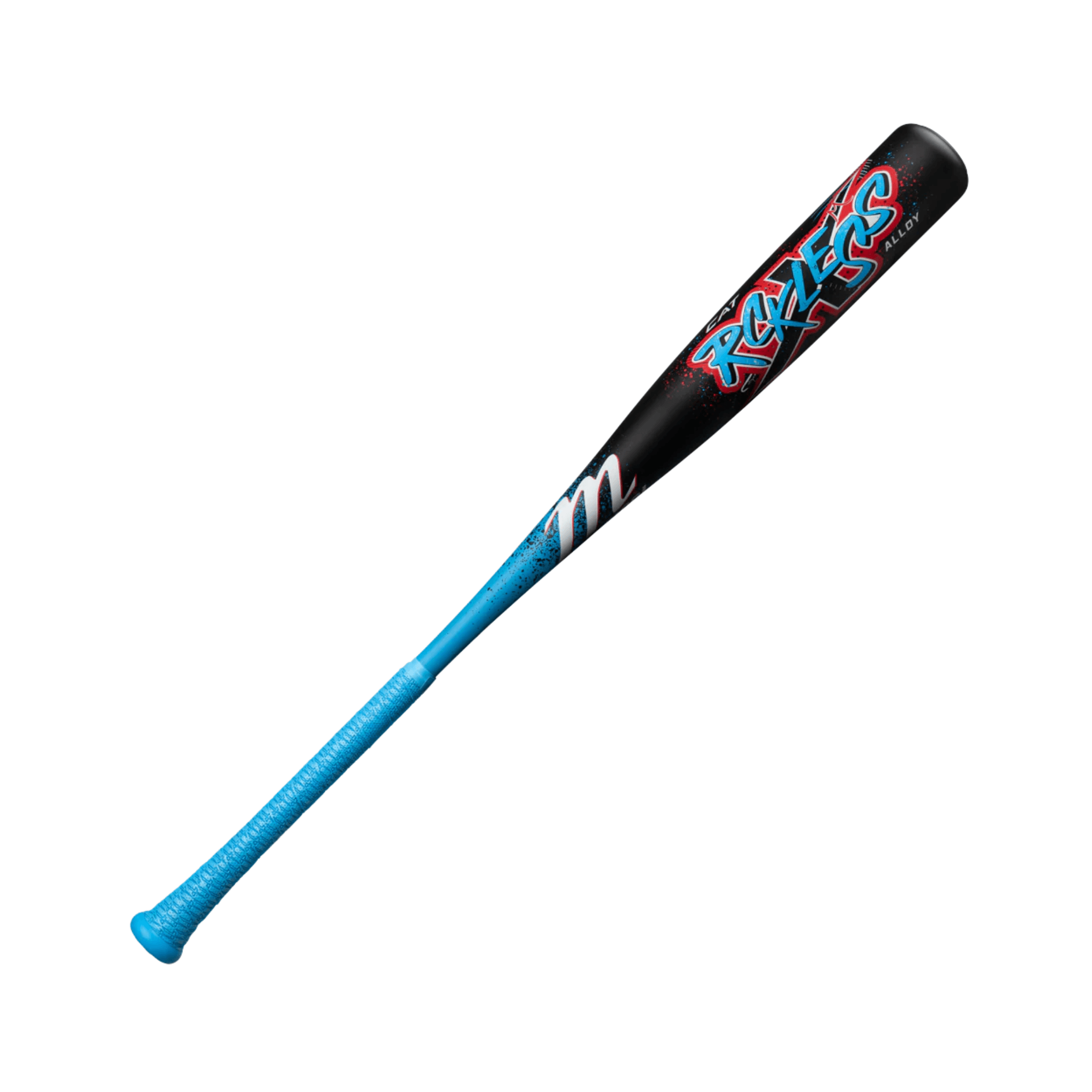 Marucci CAT X RCKLESS Senior League (-10) USSSA Baseball Bat with blue grip and black barrel design.