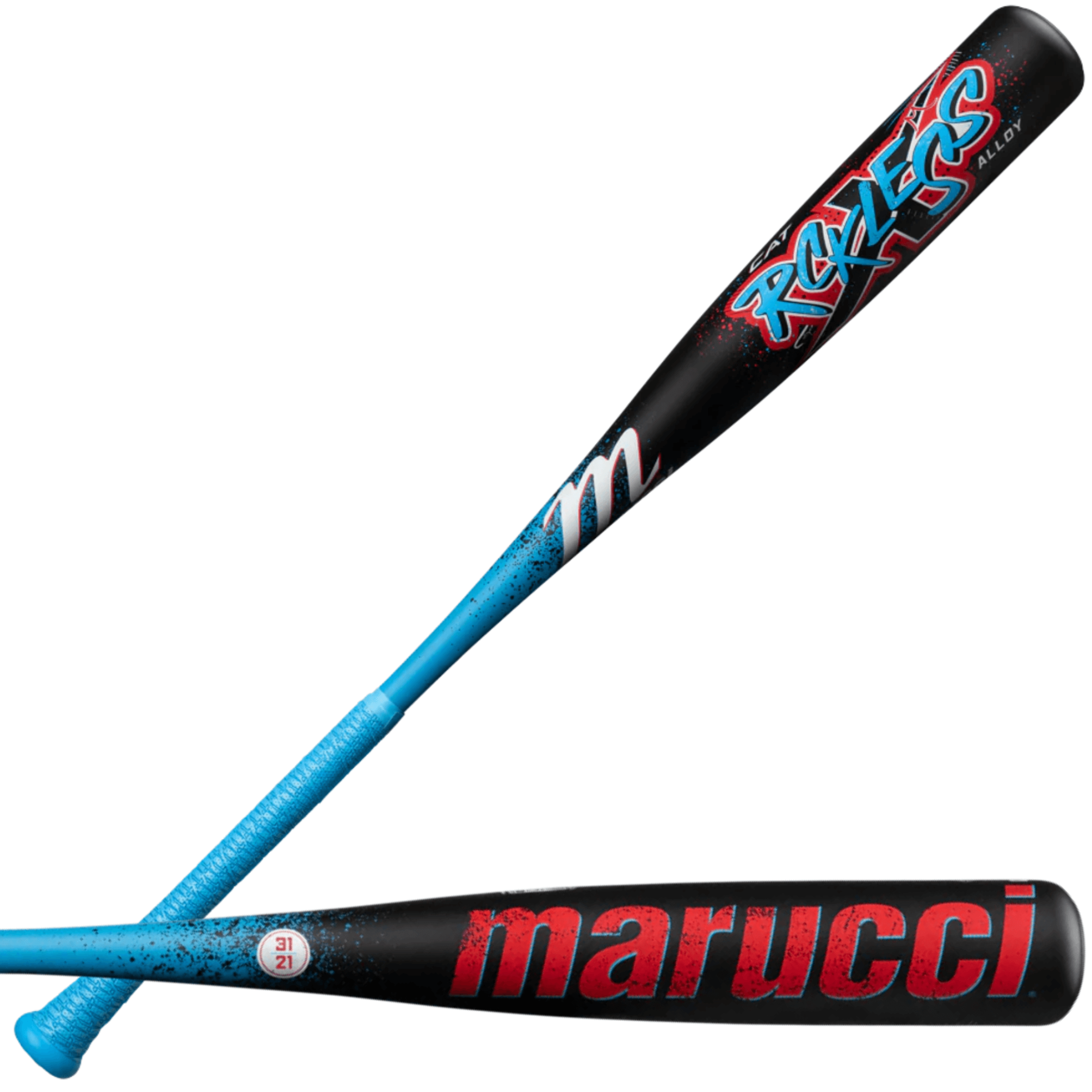 Marucci CAT X RCKLESS Senior League USSSA Baseball Bat with blue and black design, showcasing ring-free barrel construction.