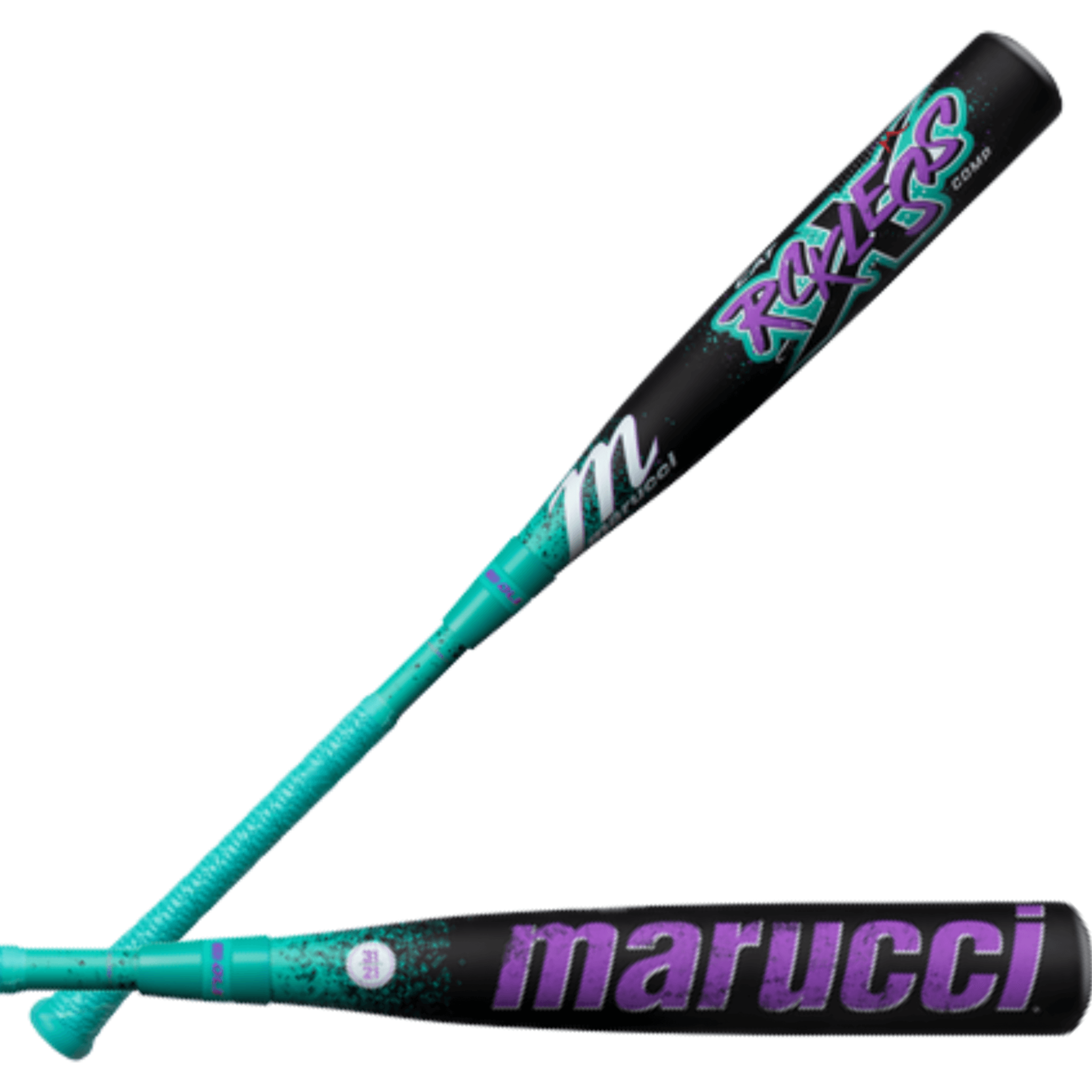 Marucci CAT X RCKLESS (-10) USSSA Baseball Bat showing front and back views with teal grip