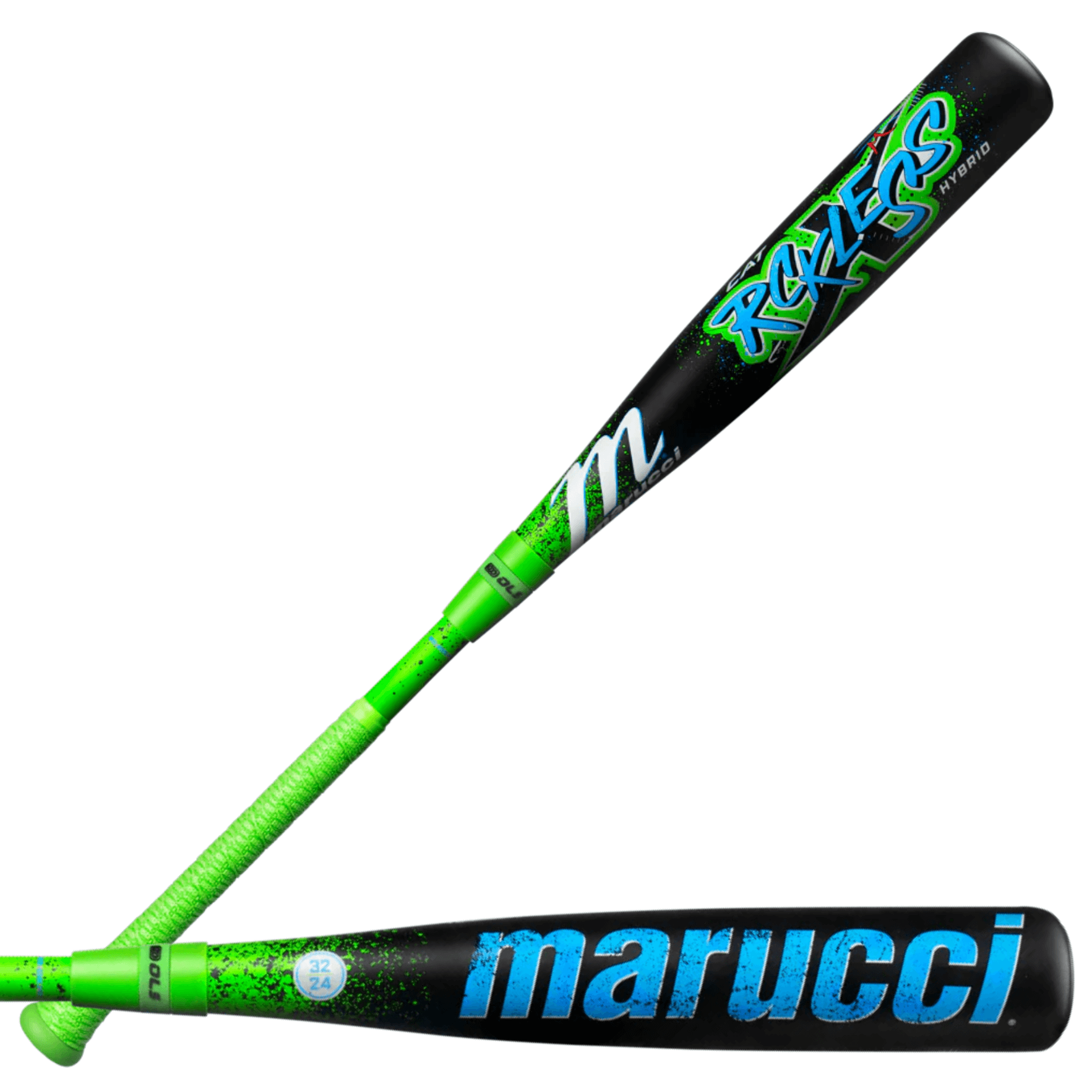 Marucci CAT X RCKLESS Hybrid (-8) USSSA Baseball Bat in vibrant green and black design for speed and power.