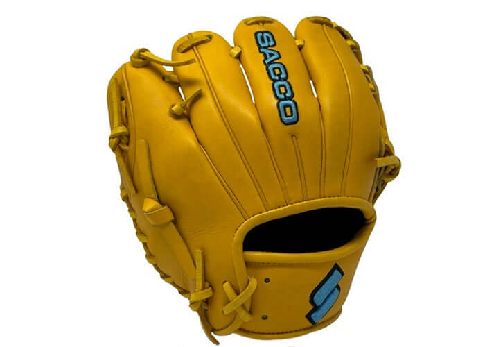 Front view of Sacco Ultra Smooth Kip 9.5" Infield Trainer Medallion in Sacco Blue with premium yellow kip leather.
