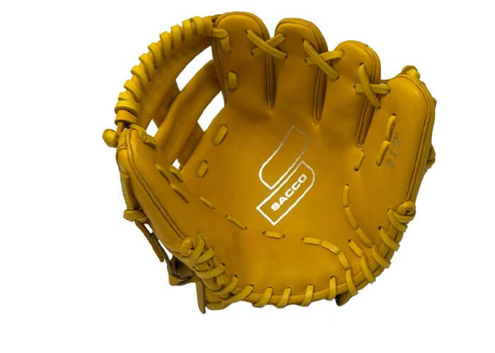 Sacco Ultra Smooth Kip 9.5" Infield Trainer Medallion front view, showcasing premium yellow kip leather and logo.
