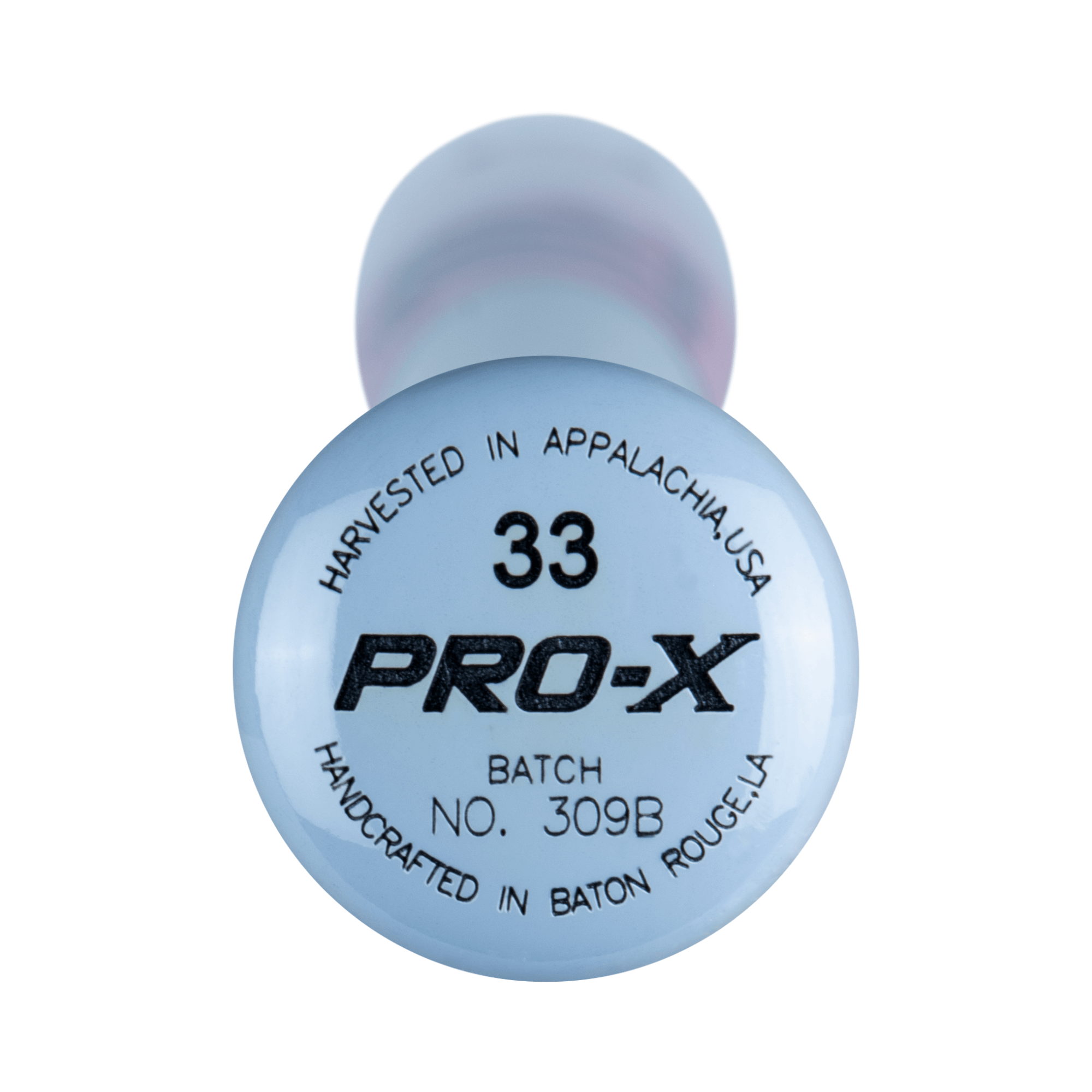 PRO-X wood bat knob details featuring batch number 309B, handcrafted in Baton Rouge, Louisiana.