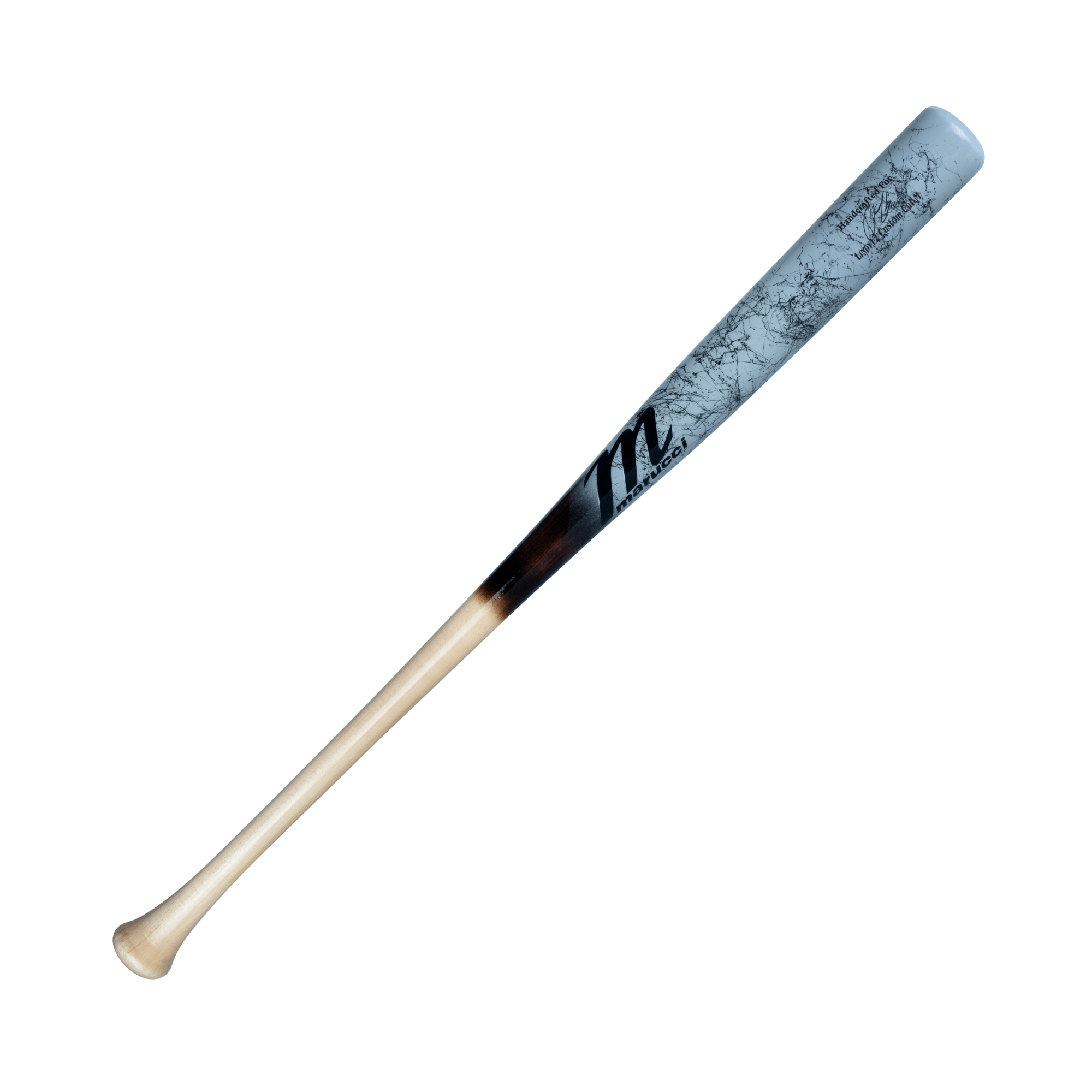 Marucci Lindy12 Pro Exclusive Tar Fade/Rock Marble wood bat with slightly flared knob and medium barrel design.