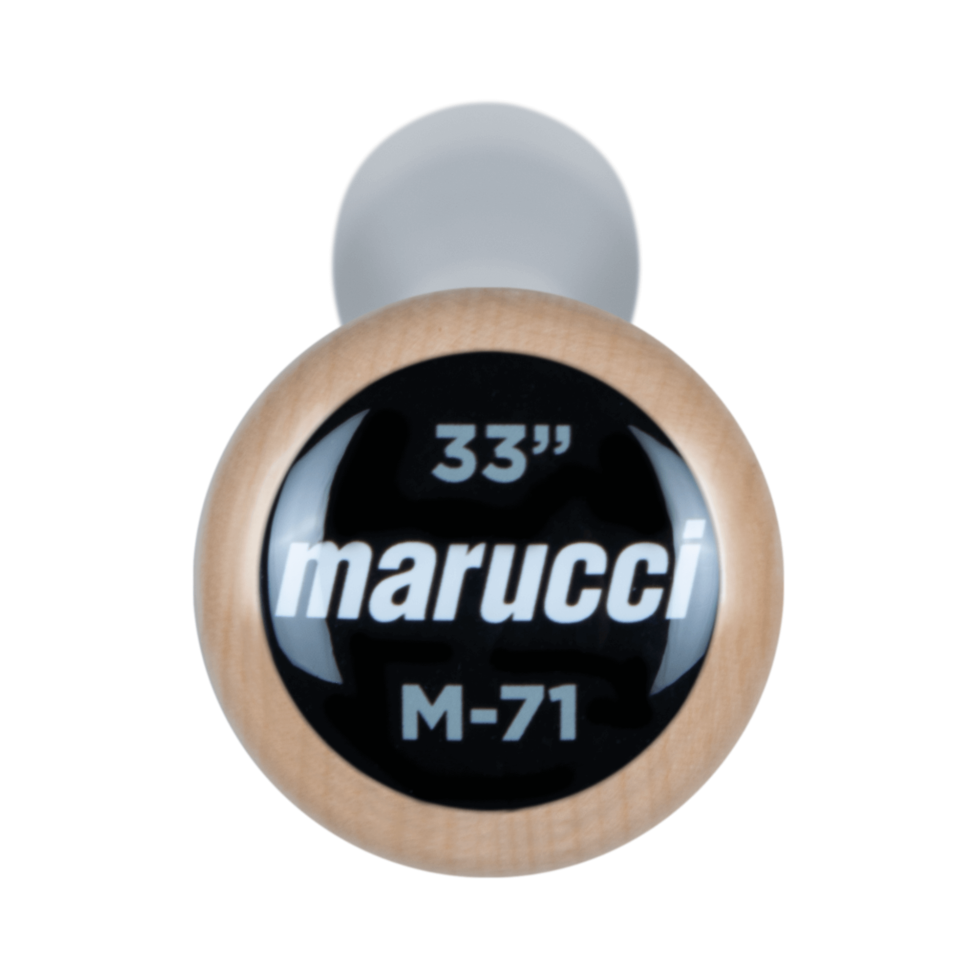 Marucci M71 Pro Model wood bat knob featuring a 33-inch design and black logo on a natural finish handle.