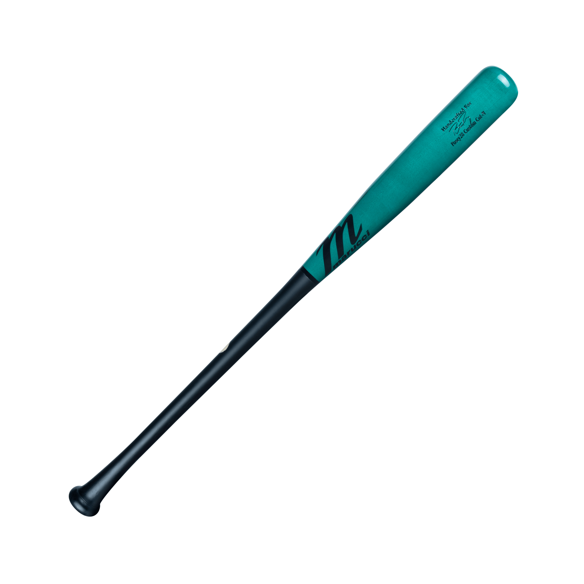 Marucci Posey28 Pro Exclusive matte black and ocean wood baseball bat with large barrel and thin handle.