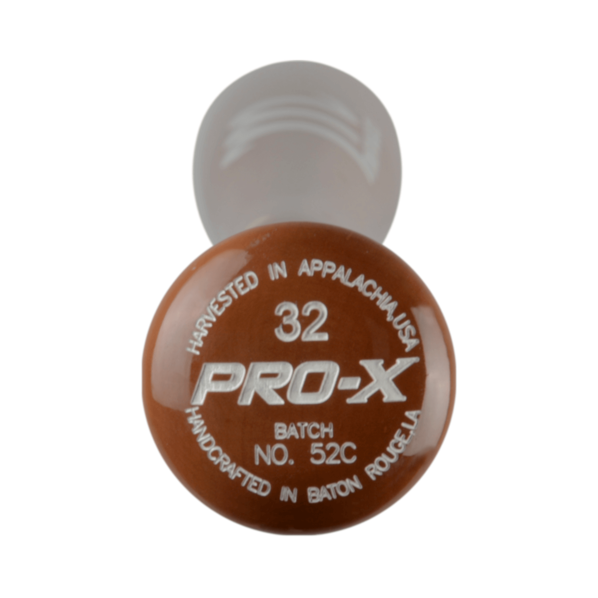 Close-up of the Marucci PRO-X wood bat knob, featuring the engraving "Harvested in Appalachia, 32 PRO-X, Batch No. 52C."