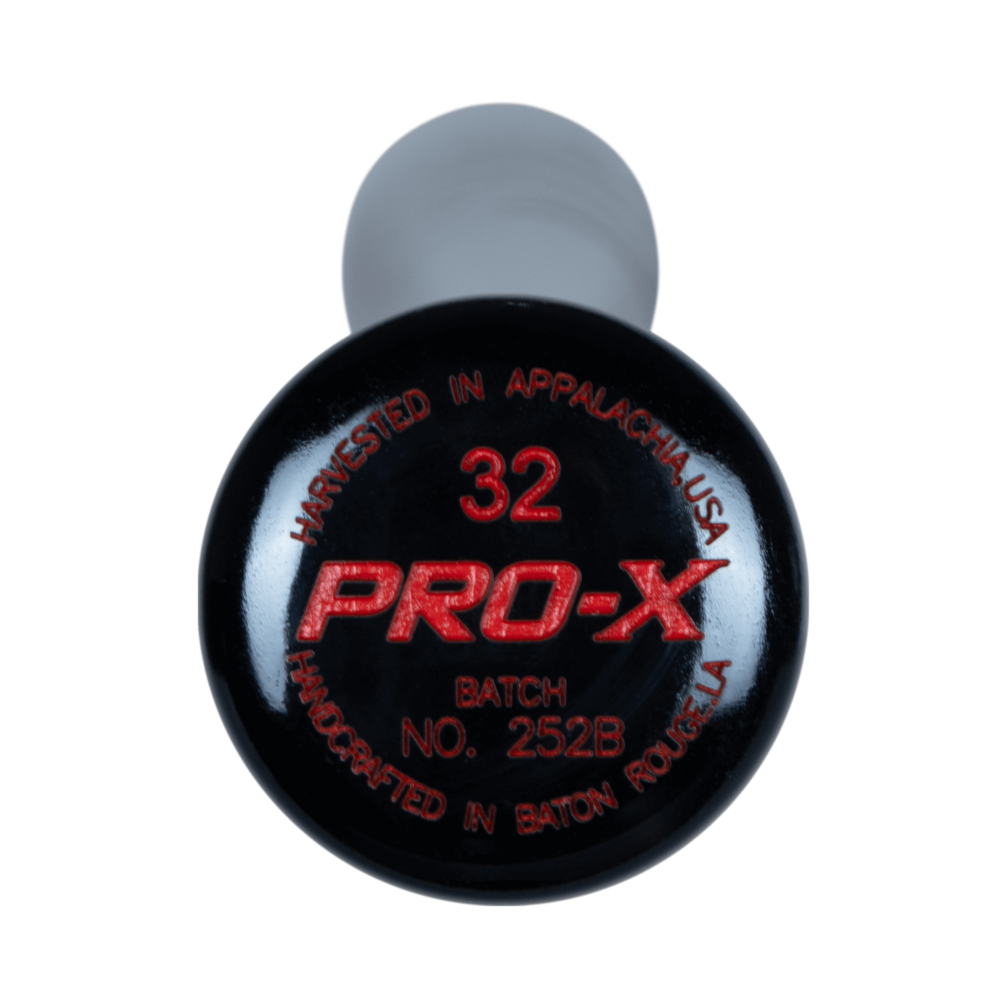 Close-up of the PRO-X bat knob, showcasing batch number 252B and handcrafted details from Baton Rouge, USA.
