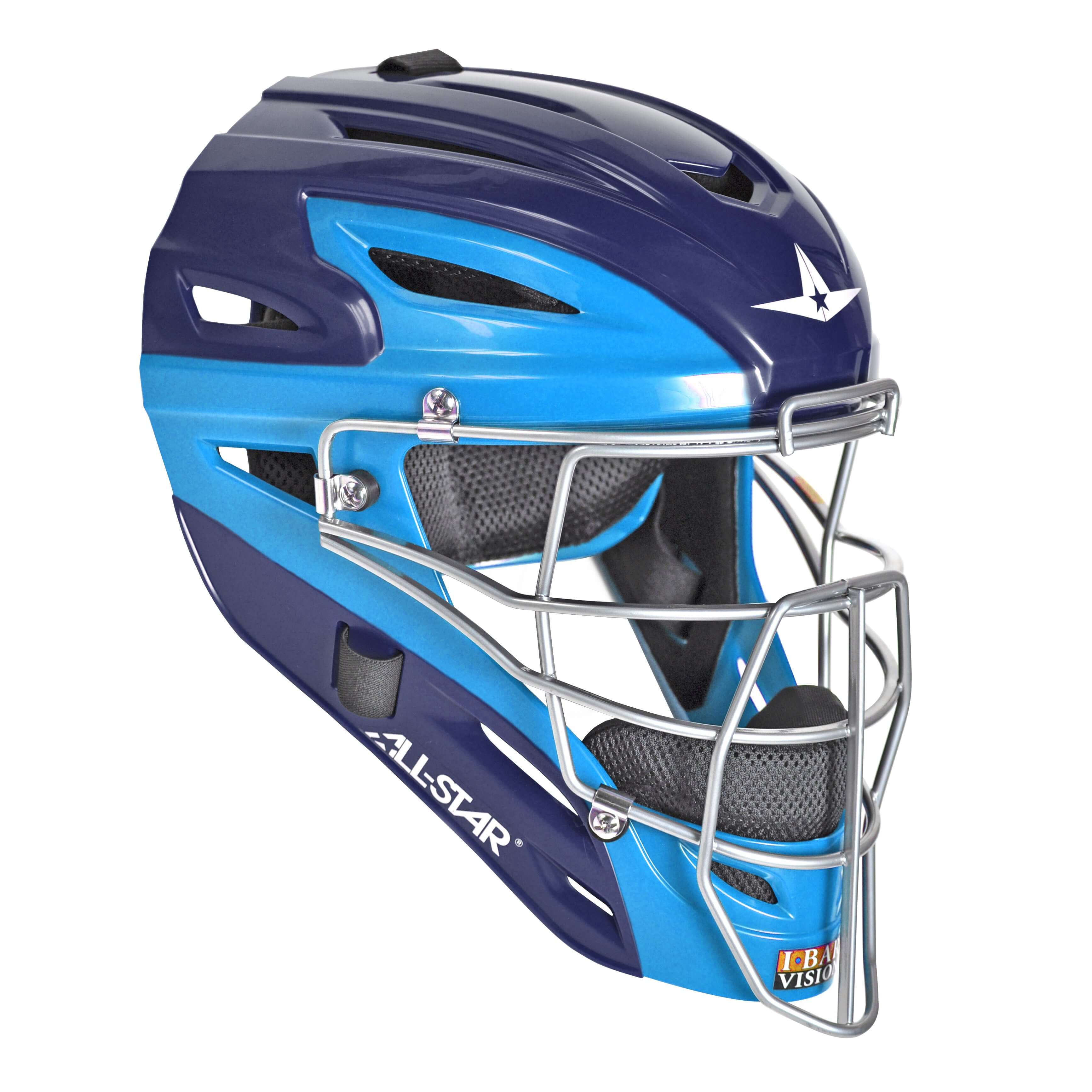 All-Star S7 AXIS two-tone catching helmet for ages 9-12, featuring high impact resistance and maximum vision design.