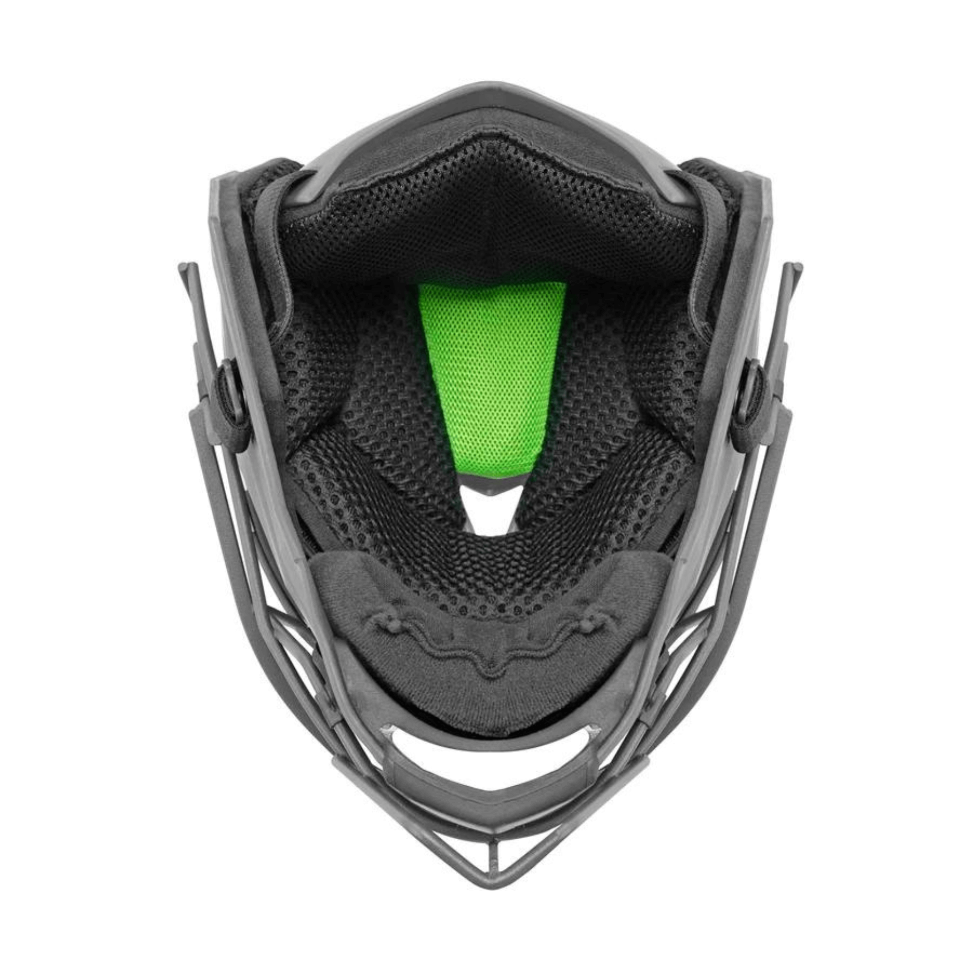 Inside view of the All-Star MVP PRO catcher's helmet featuring black padding and bright green mesh for comfort.
