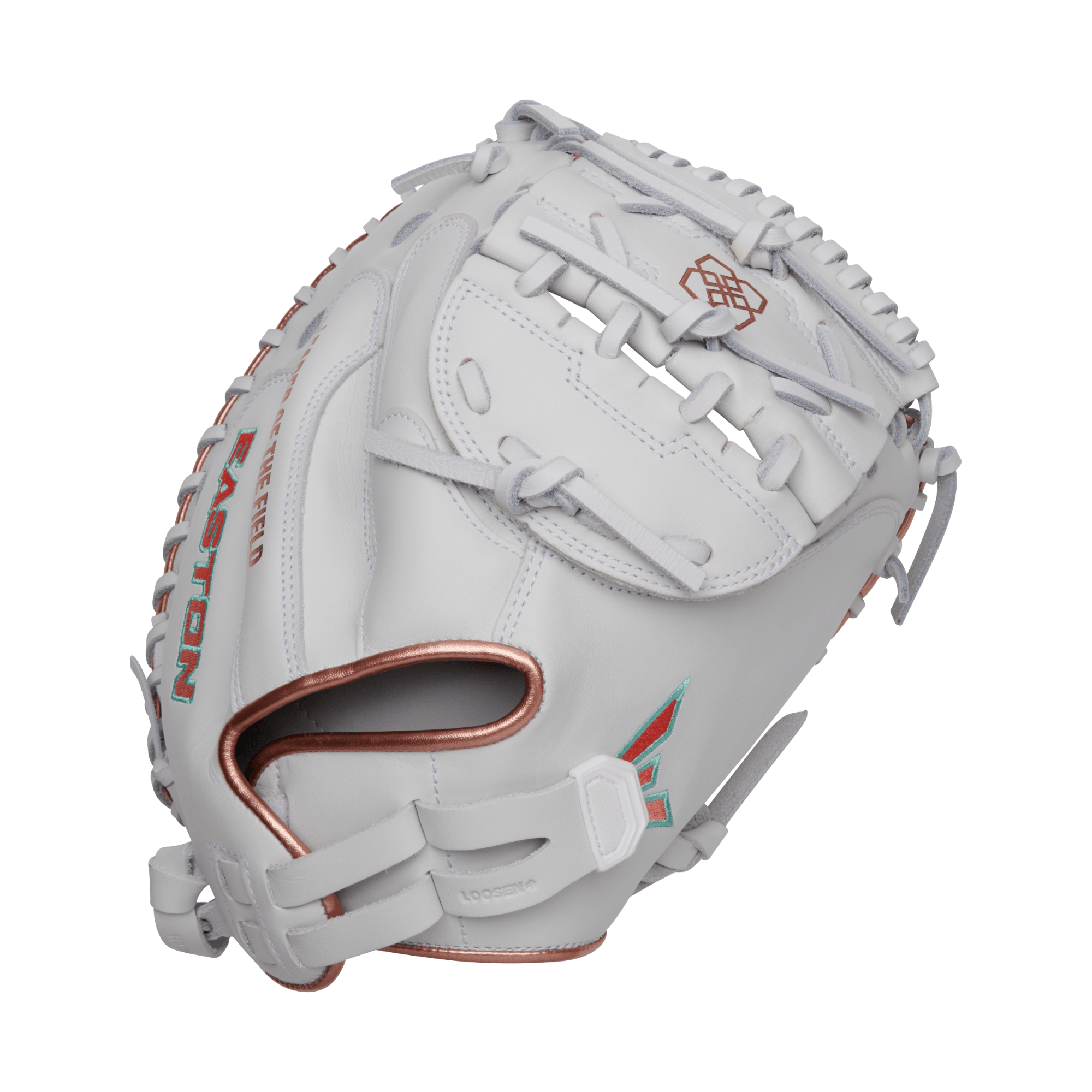 Easton Jen Schro MYWHY FP 33" Catchers Mitt LHT, backhand view, white leather with silver lacing and teal logo detail.