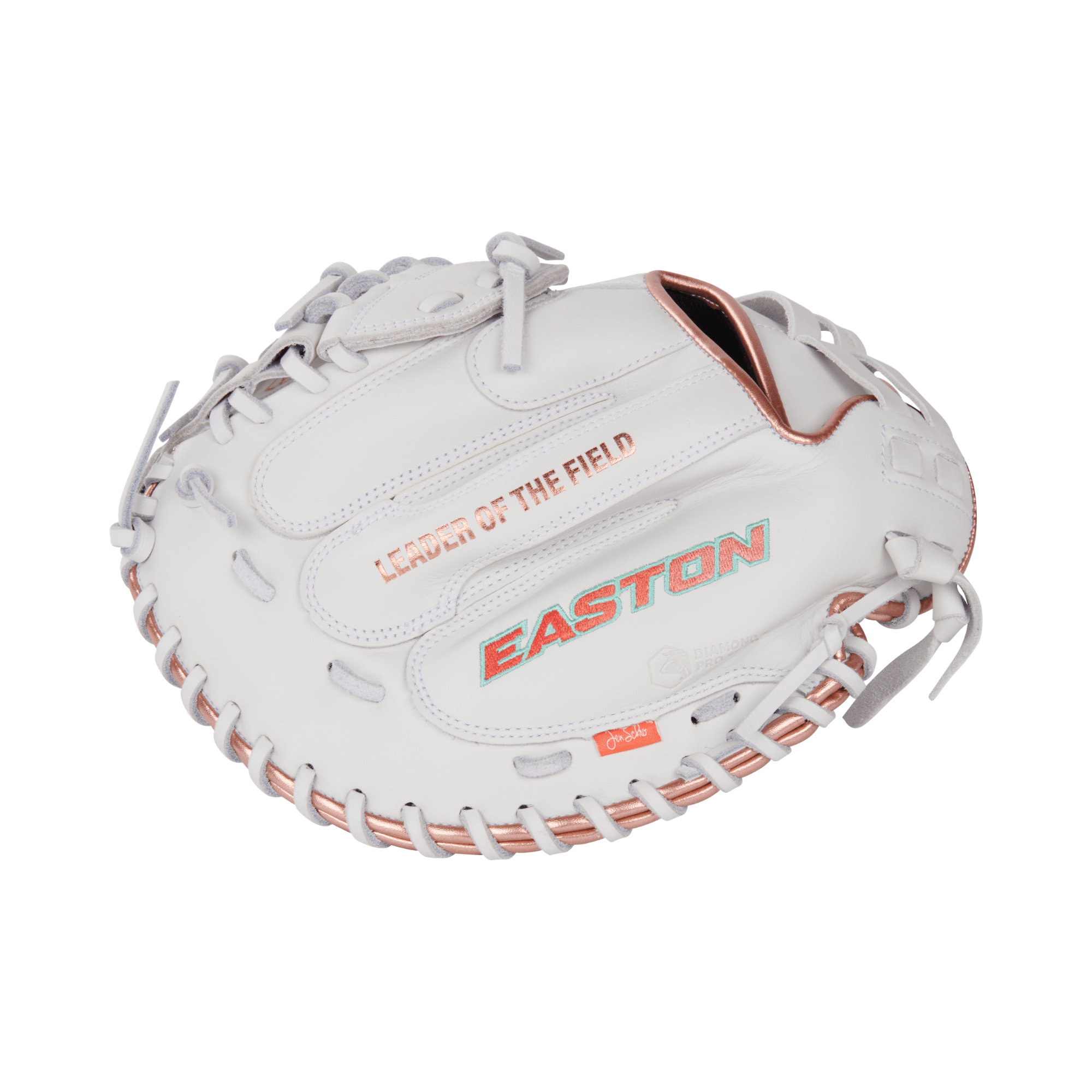 Easton Jen Schro MYWHY FP 33" Catchers Mitt LHT hero image, white with pink lacing and 'Leader of the Field' text on backhand