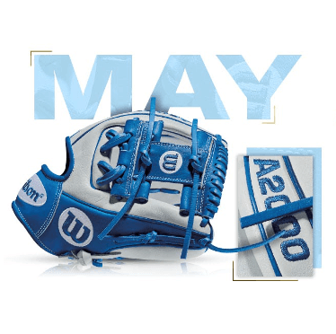 Wilson 100 GOTM May 2016 custom glove in blue and white with A2000 branding and unique fan design.