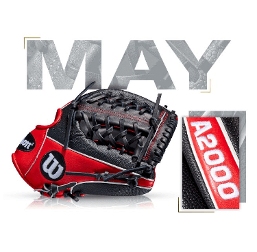 Wilson 100 GOTM May 2017 A2000 1789 SS glove featuring bold double stripes in red and black design for superior performance.