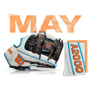 Wilson 100 GOTM May 2021 Custom A2000 1975 SS baseball glove with blue and orange accents.