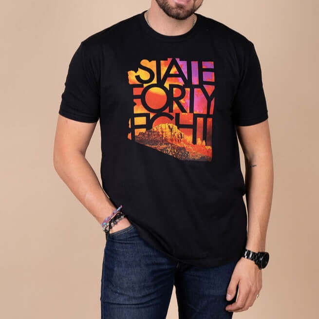 State Forty Eight men's black crew neck t-shirt featuring Arizona sunset design, inspired by summer monsoon season.