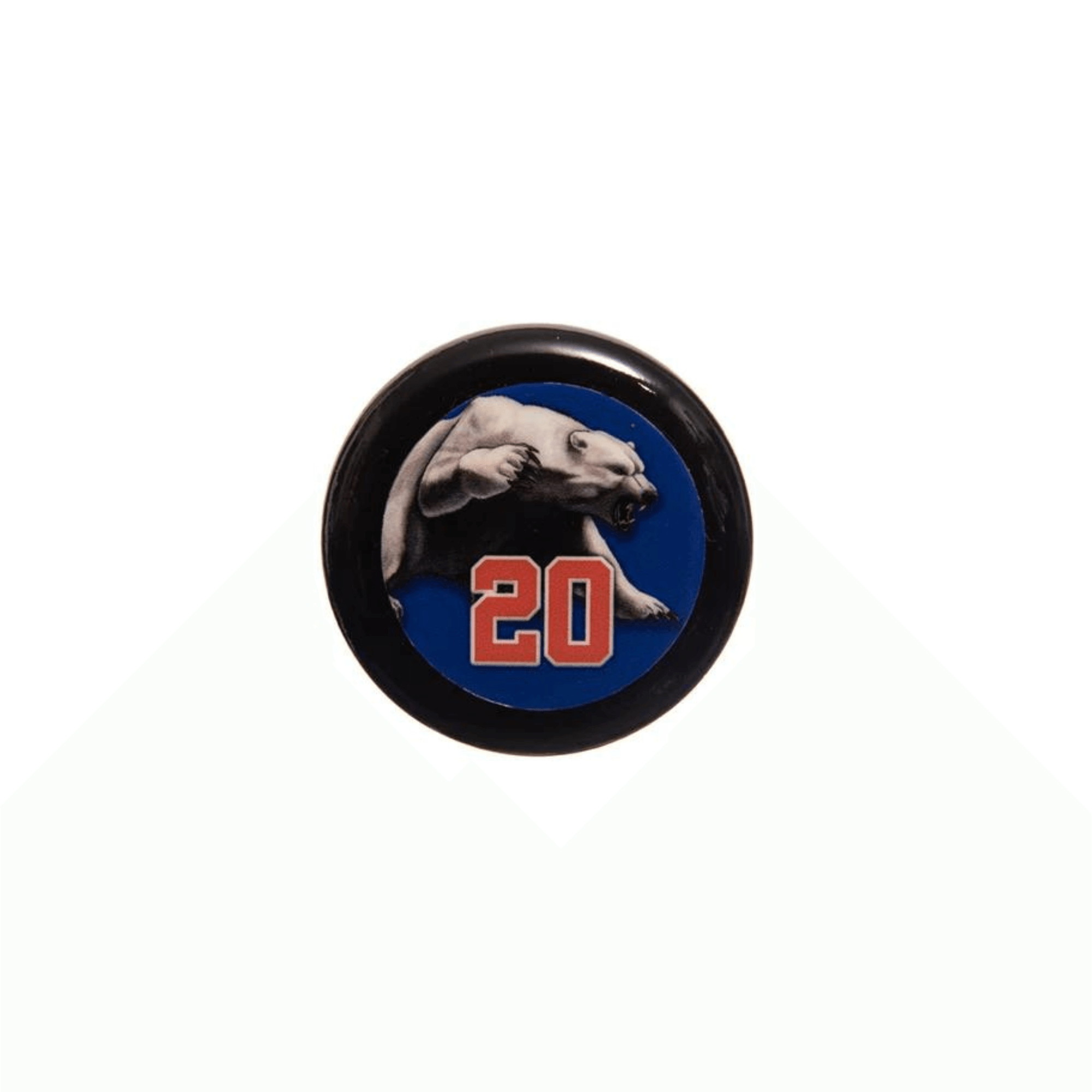 Black round hockey puck with a blue background and a bear graphic featuring the number 20.