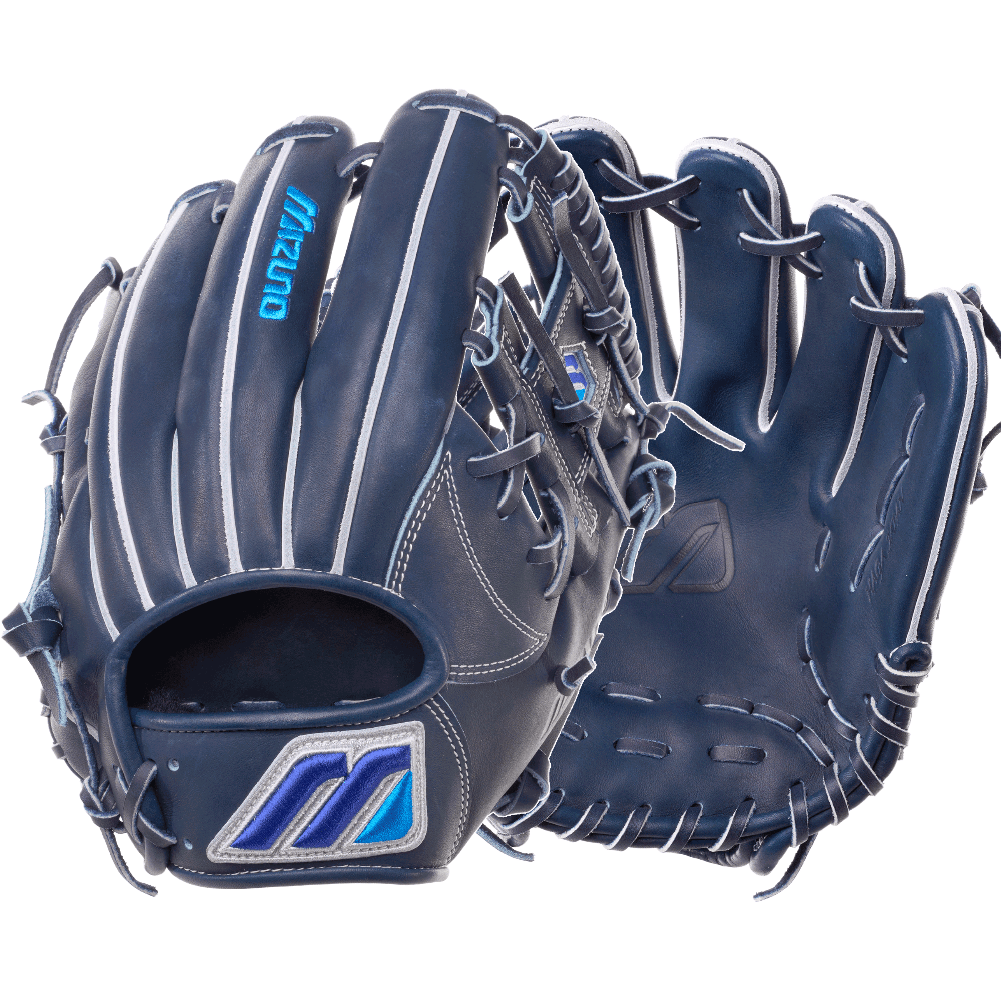 Mizuno GMP-120MM 120th Monogram M 11.5" Baseball Glove, black leather, blue lacing, palm and backhand views with Mizuno logo.