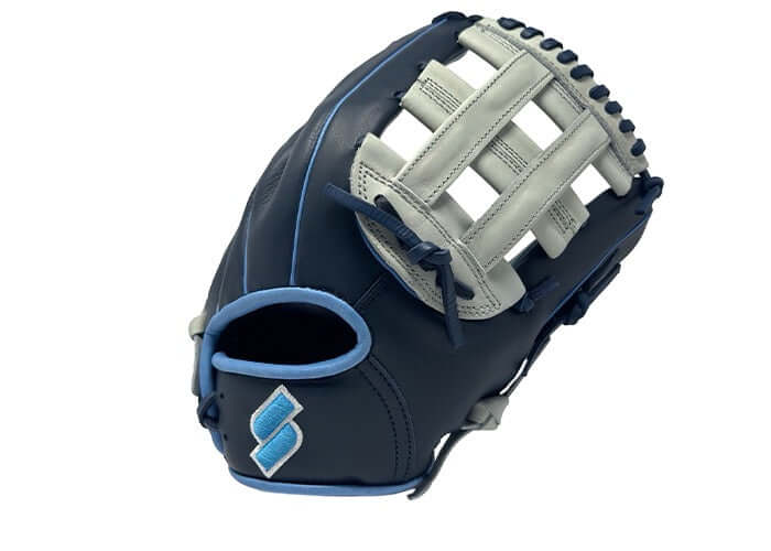 Sacco Youth Ultra Smooth Kip 11.5" H-Web glove in navy and light gray, side view showcasing the design and craftsmanship.