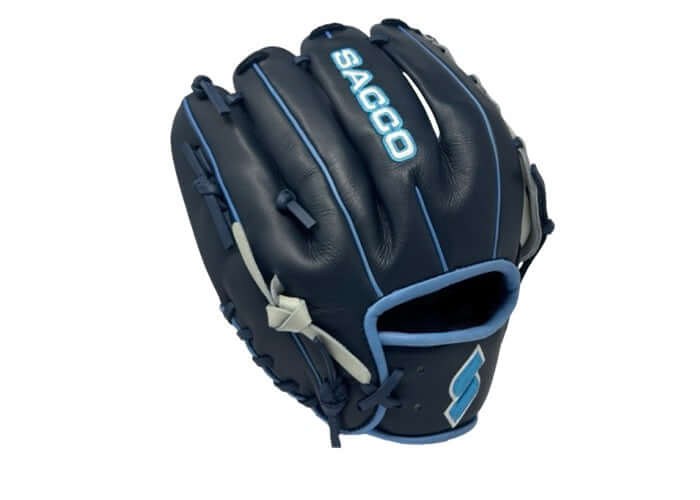 Front view of Sacco Youth Ultra Smooth Kip 11.5" H-Web glove in navy and light gray, designed for young players.