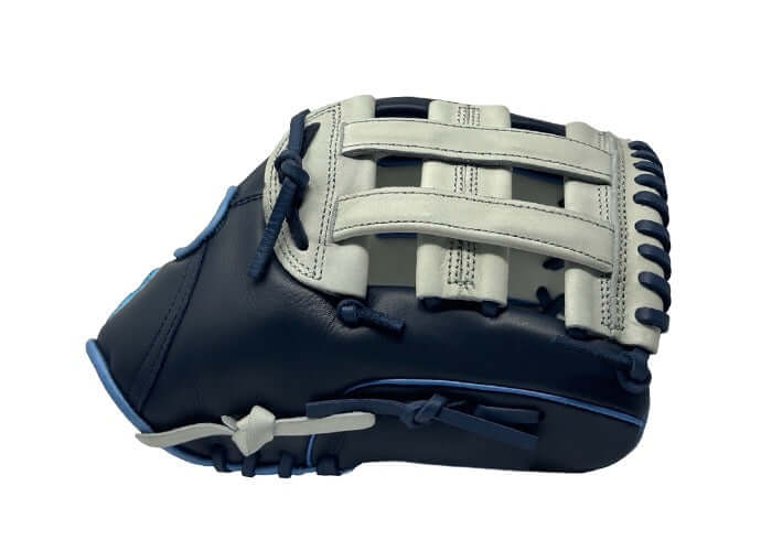 Side view of Sacco Youth Ultra Smooth Kip 11.5" H-Web glove in navy and light gray, showcasing its design and leather quality.