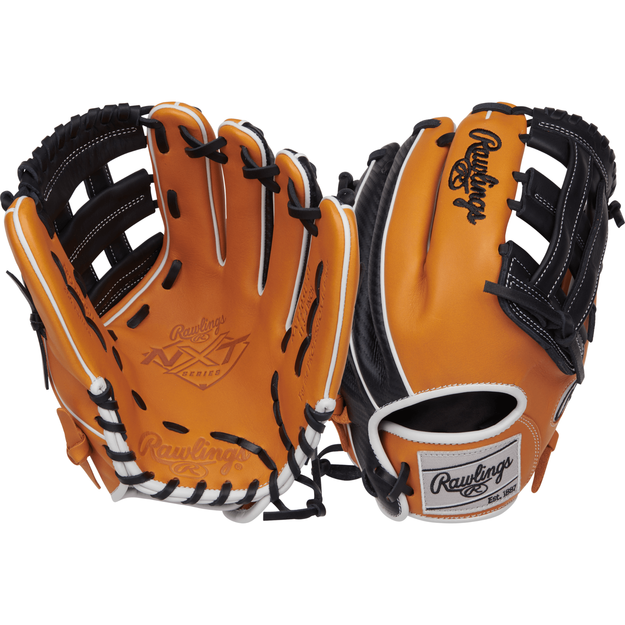Front and palm view of the Rawlings NXT Contour glove, showcasing 11.75'' size and Pro H web design for control.